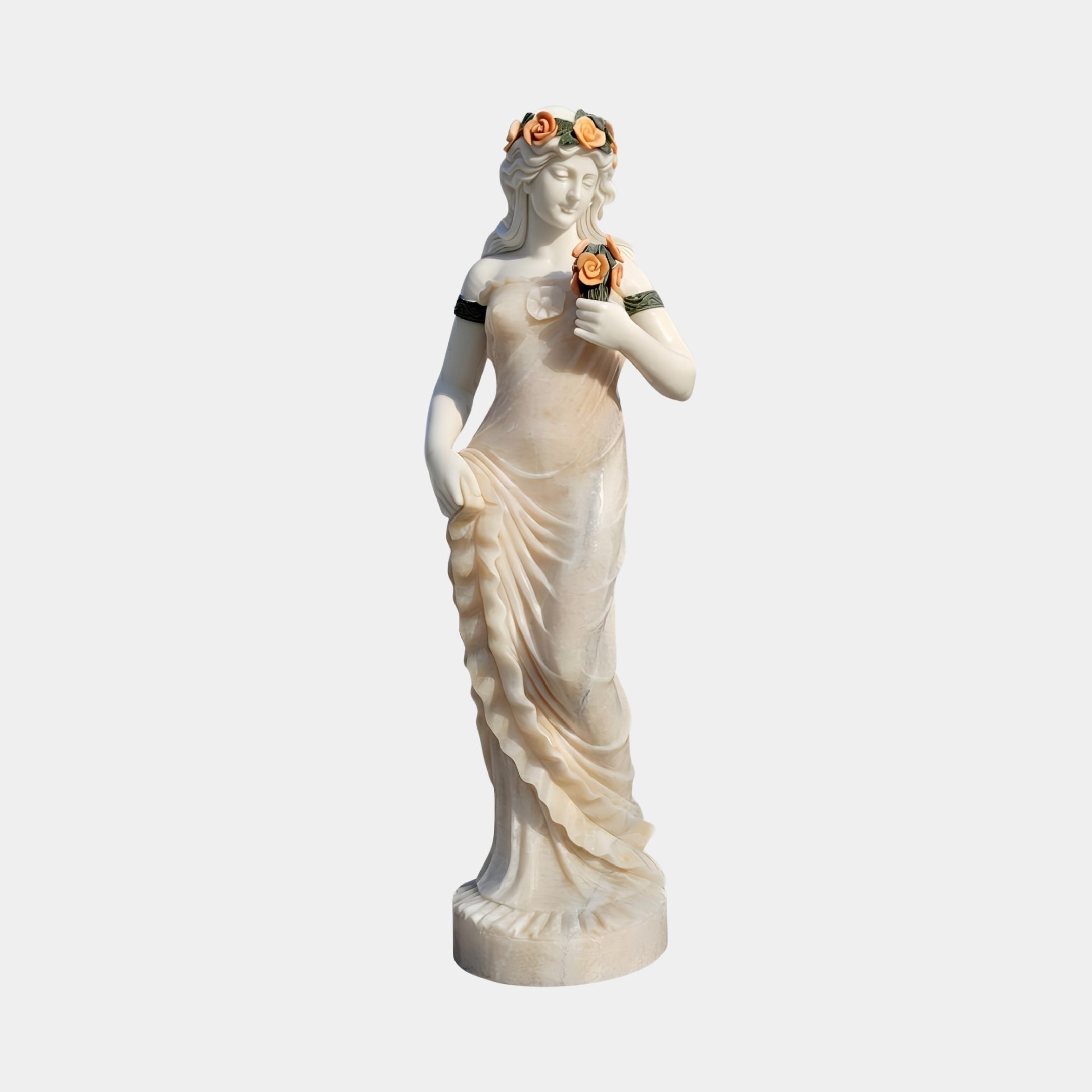 Goddess of Harvest Marble Sculpture by Giant Sculptures, 160cm female figure in flowing drapery with a rose crown and bouquet, shown on a plain background.