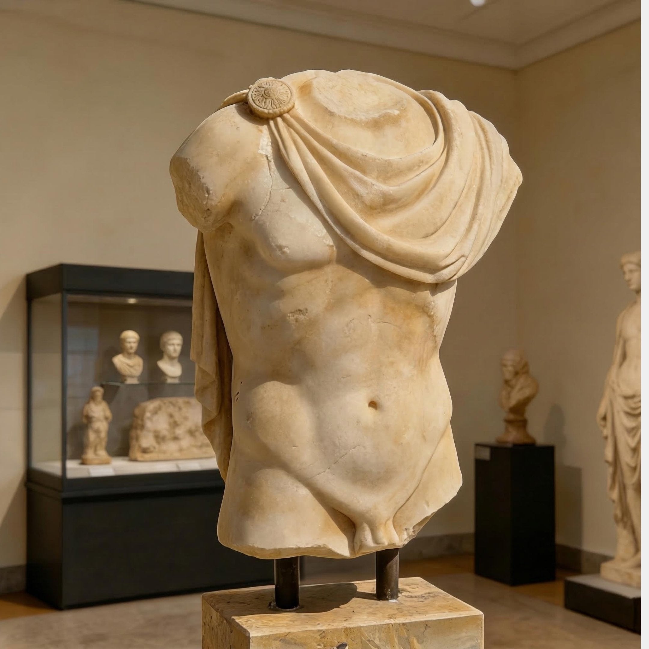 The Draped Marble Torso Sculpture - 120cm by Giant Sculptures, missing its head, arms, and lower legs, is elegantly displayed in a museum gallery among other textured marble artworks.