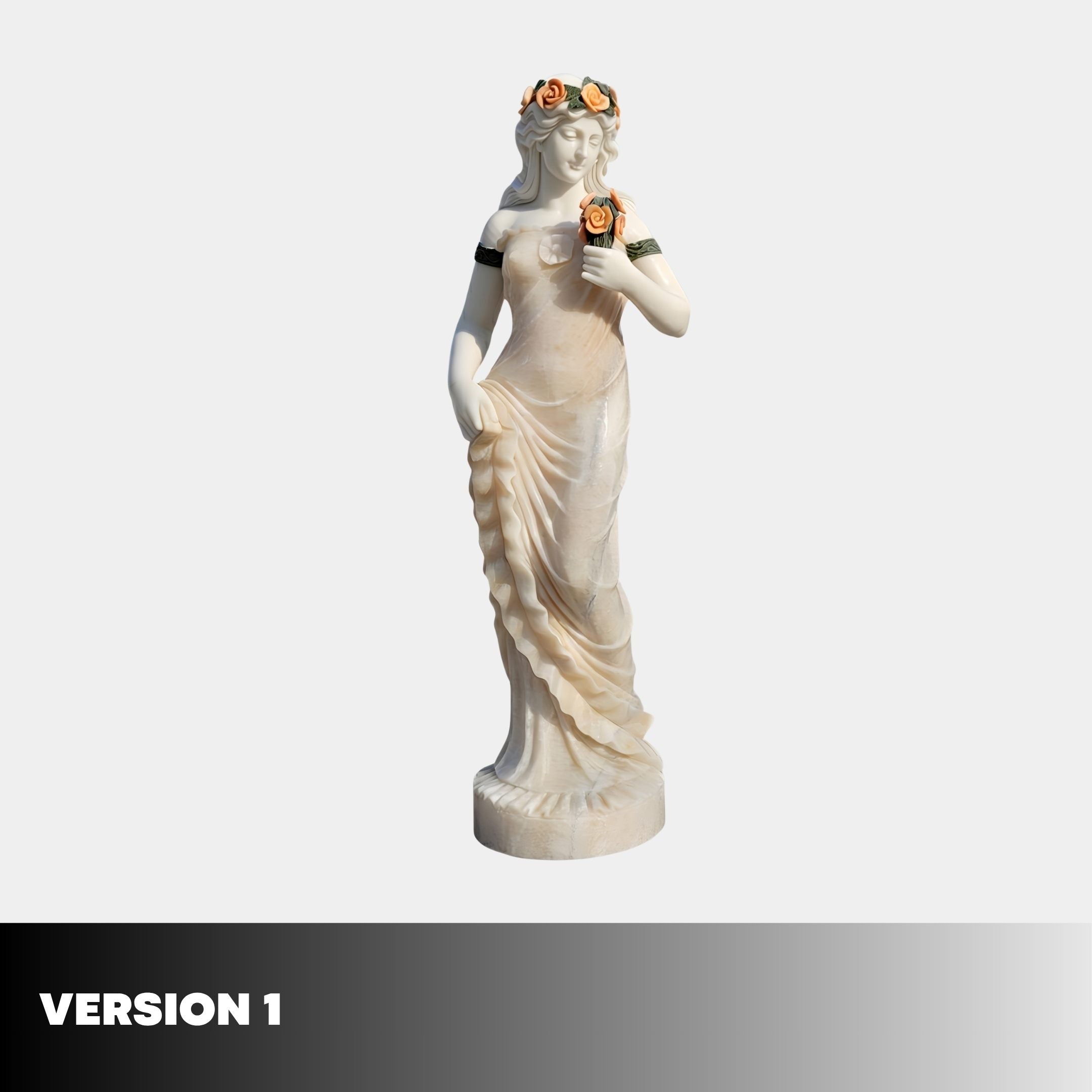 Goddess of Harvest Marble Sculpture by Giant Sculptures, 160cm female figure in cream draped gown with orange rose crown and bouquet, on a plain background.