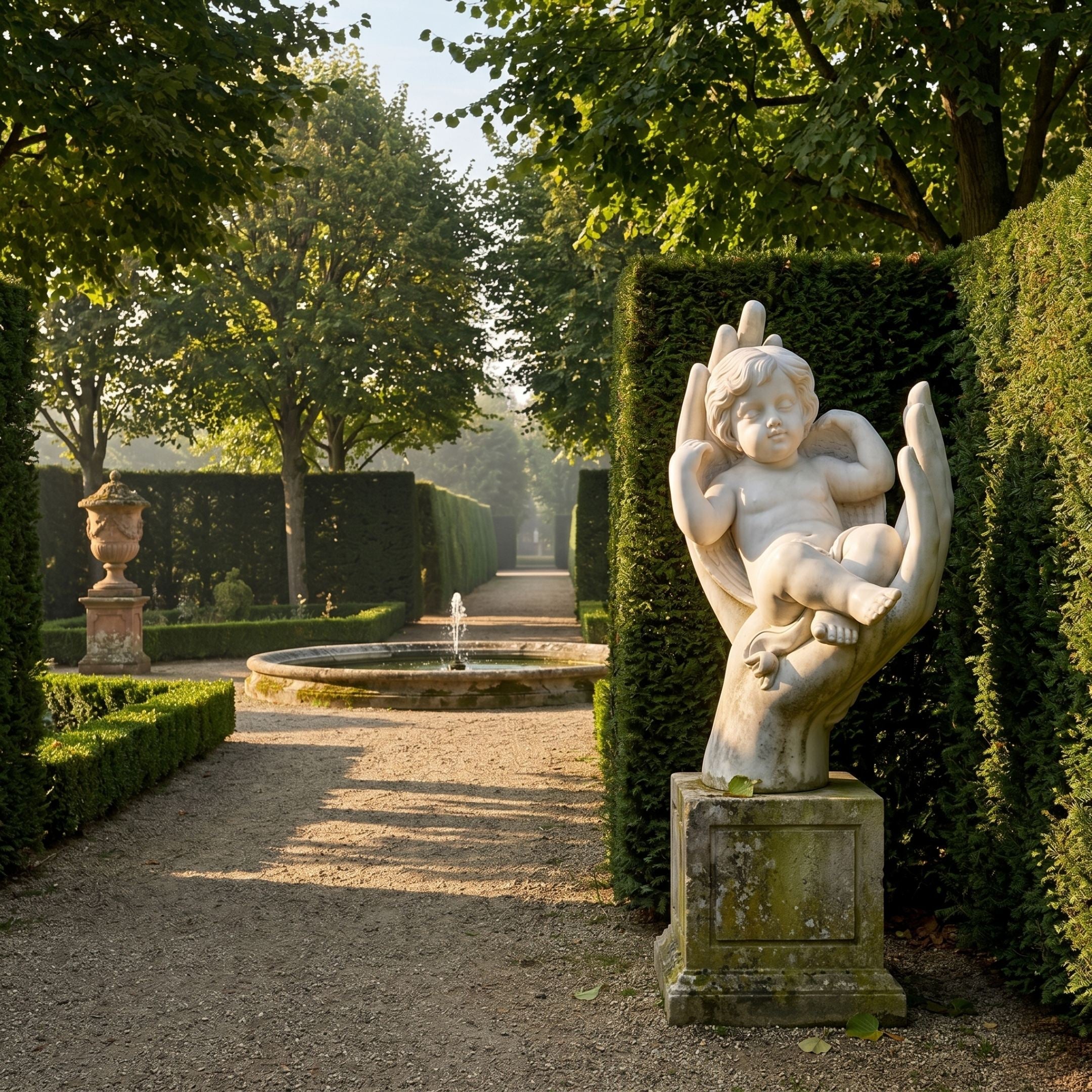 Giant Sculptures' 90cm Sleeping Child Marble Sculpture cradled in a hand-shaped base on a weathered plinth beside a hedge, with a fountain and gravel path nearby.