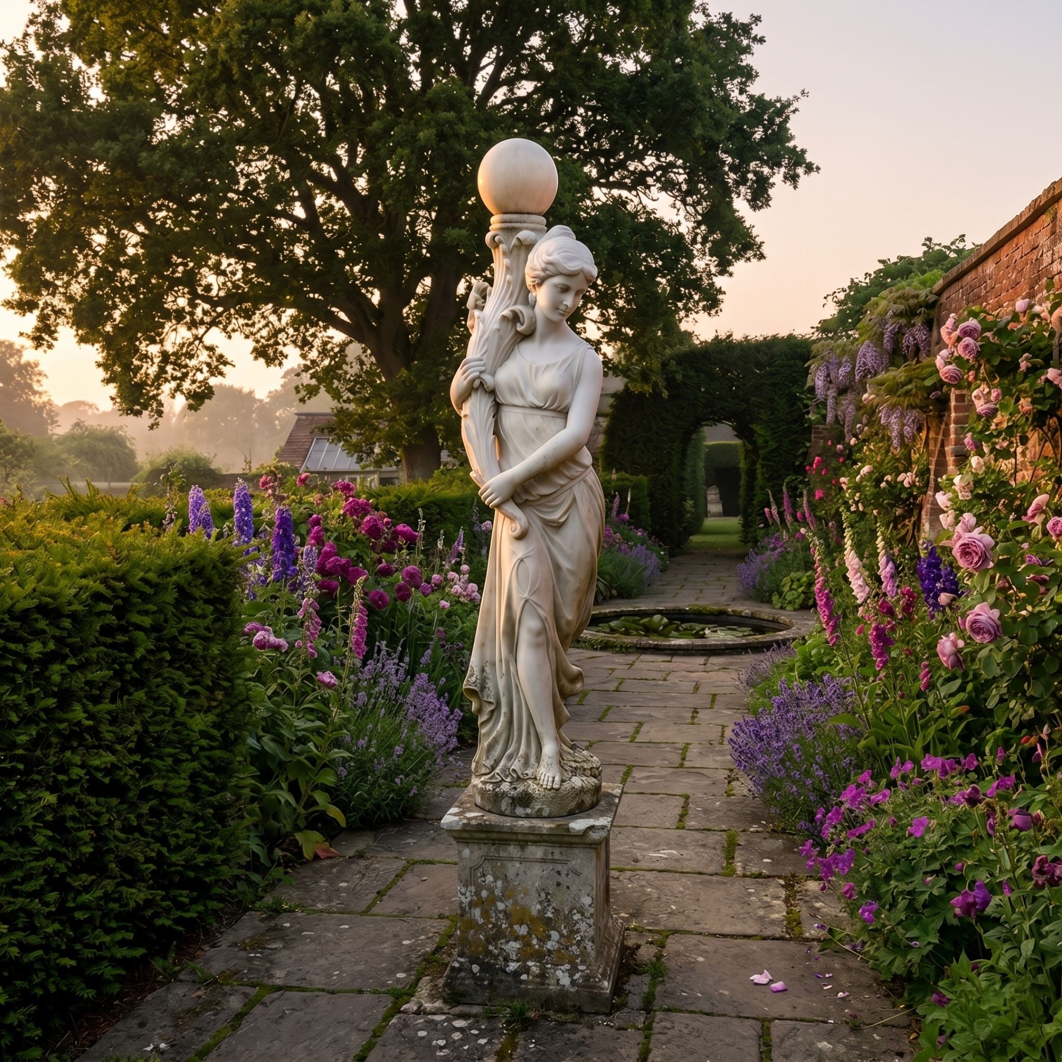 Female Figure Lamp Marble Sculpture by Giant Sculptures on a stone plinth along a flagstone path edged with lavender, foxgloves and roses at dusk.