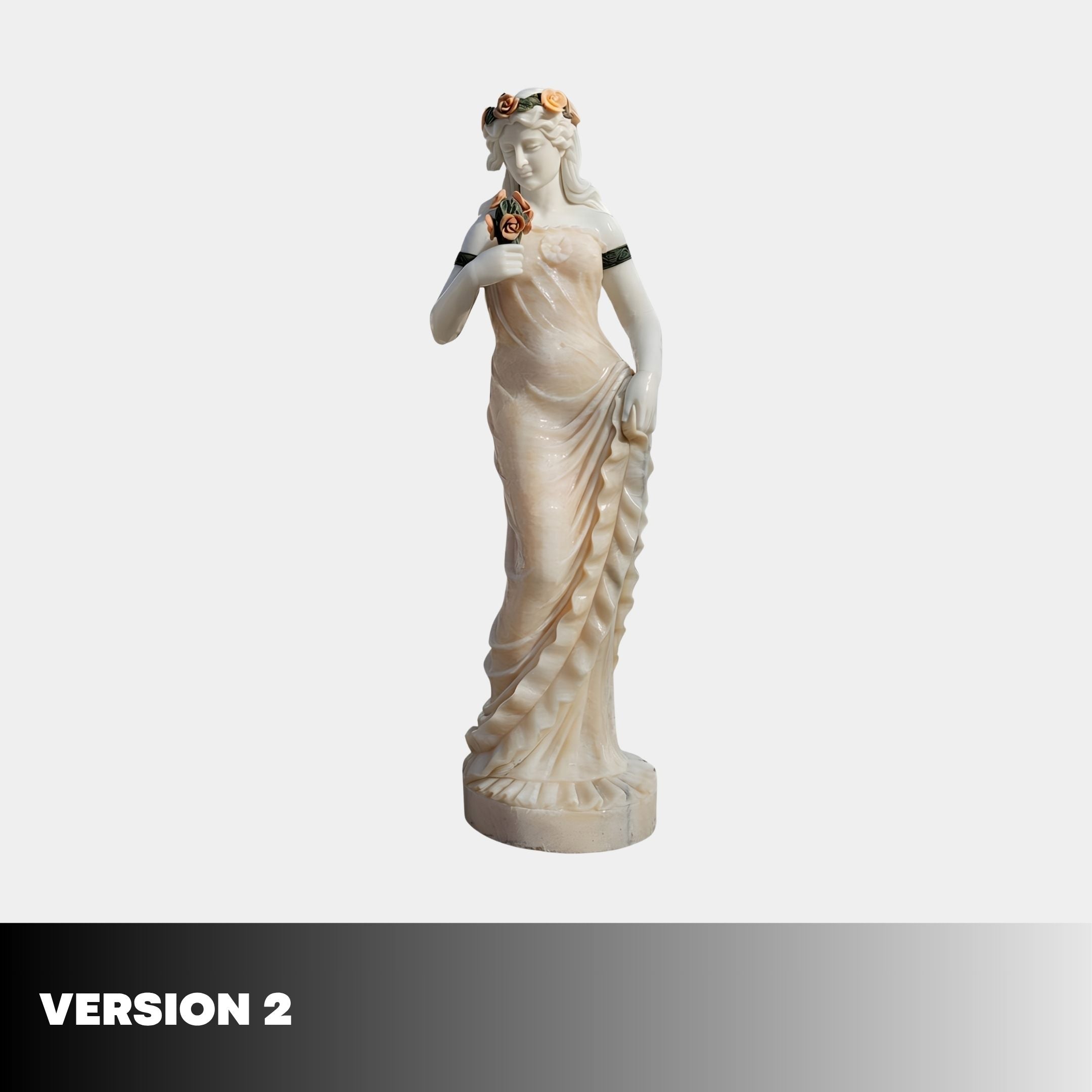 Goddess of Harvest Marble Sculpture by Giant Sculptures, 160cm female figure in flowing drapery with rose crown and floral accents, shown on a plain background.