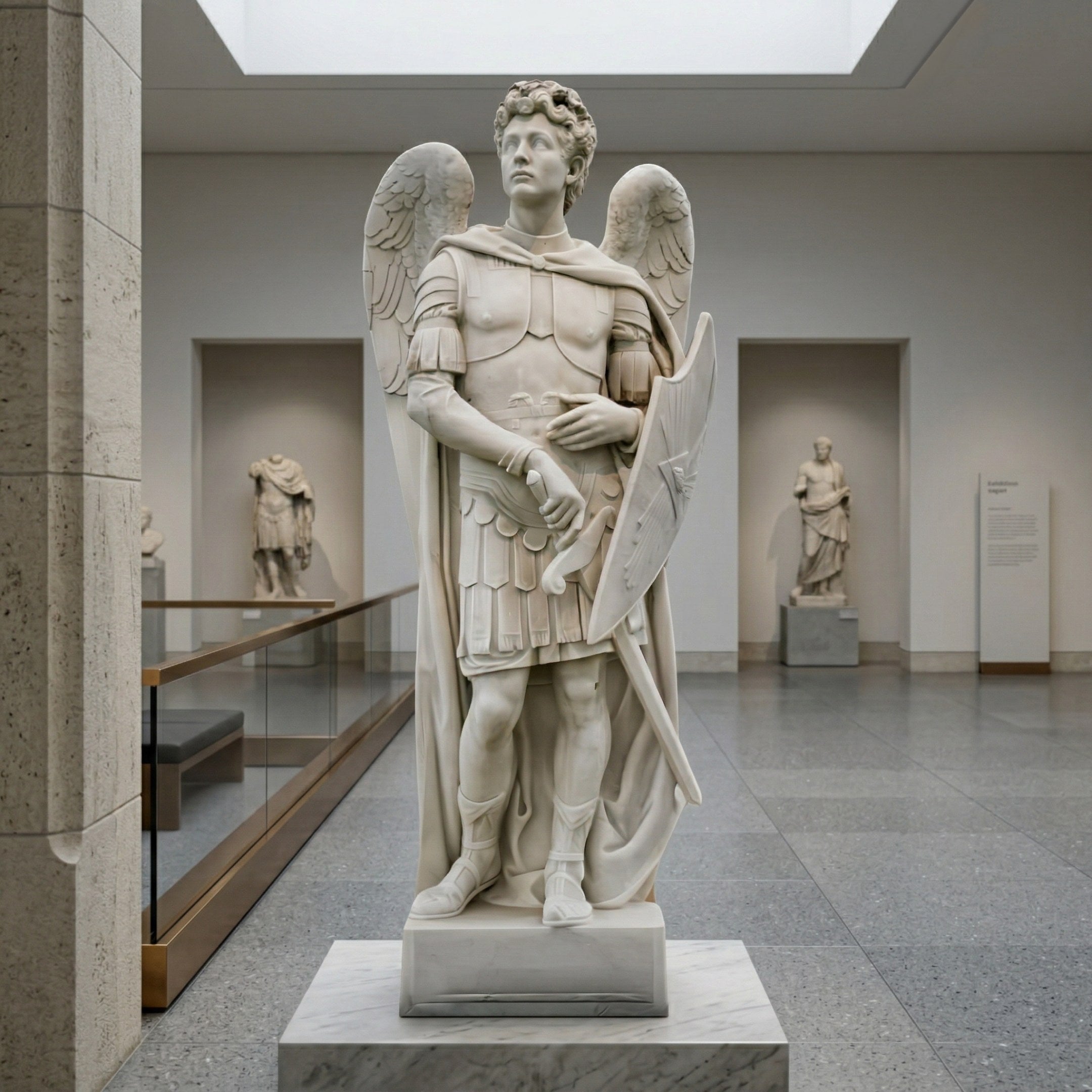 The Valiant Shield Angel Marble Outdoor Sculpture by Giant Sculptures, standing 220cm tall with wings, sword, and shield, is displayed on a pedestal in a gallery among other classical works.