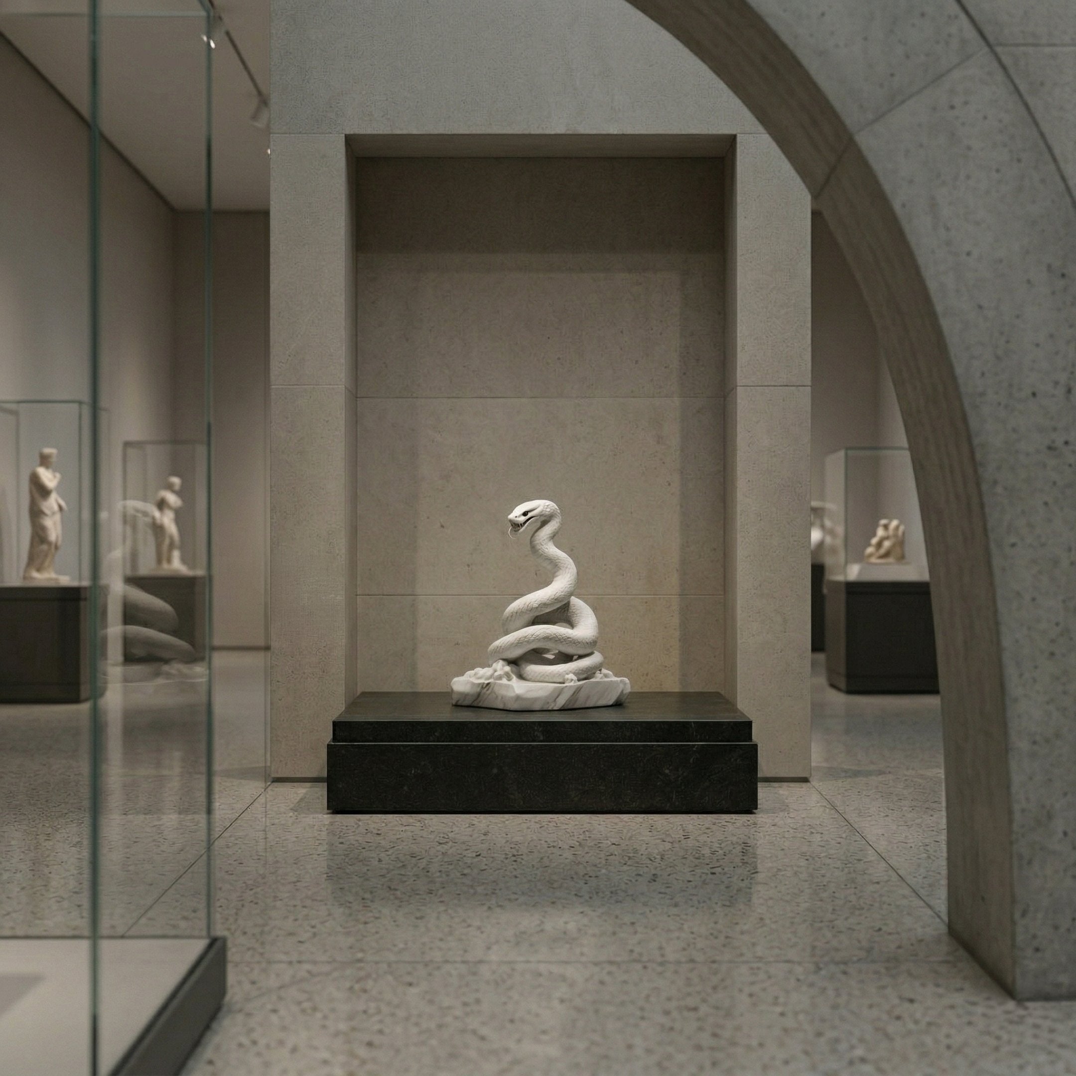 The Giant Coiled Snake White Marble Outdoor Sculpture by Giant Sculptures (160cm) stands on a dark pedestal in the gallery, framed by an arched stone structure and surrounded by glass cases and classical statues, showcasing its impressive artistry.