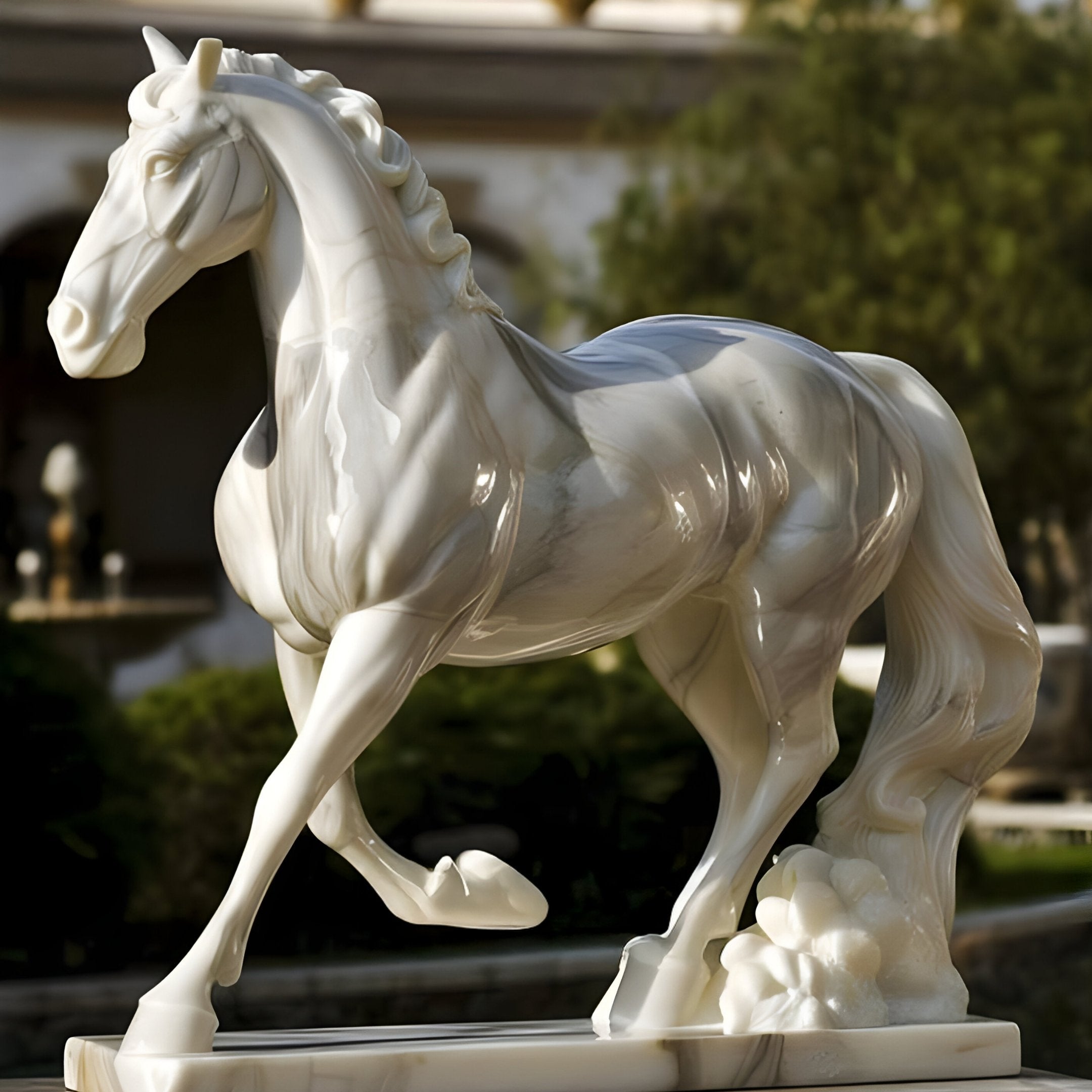 The Elegant Striding Horse Marble Outdoor Sculpture by Giant Sculptures stands gracefully on a pedestal, showcasing intricate details and smooth textures. At 200cm, it serves as a timeless centerpiece against softly blurred lush greenery.