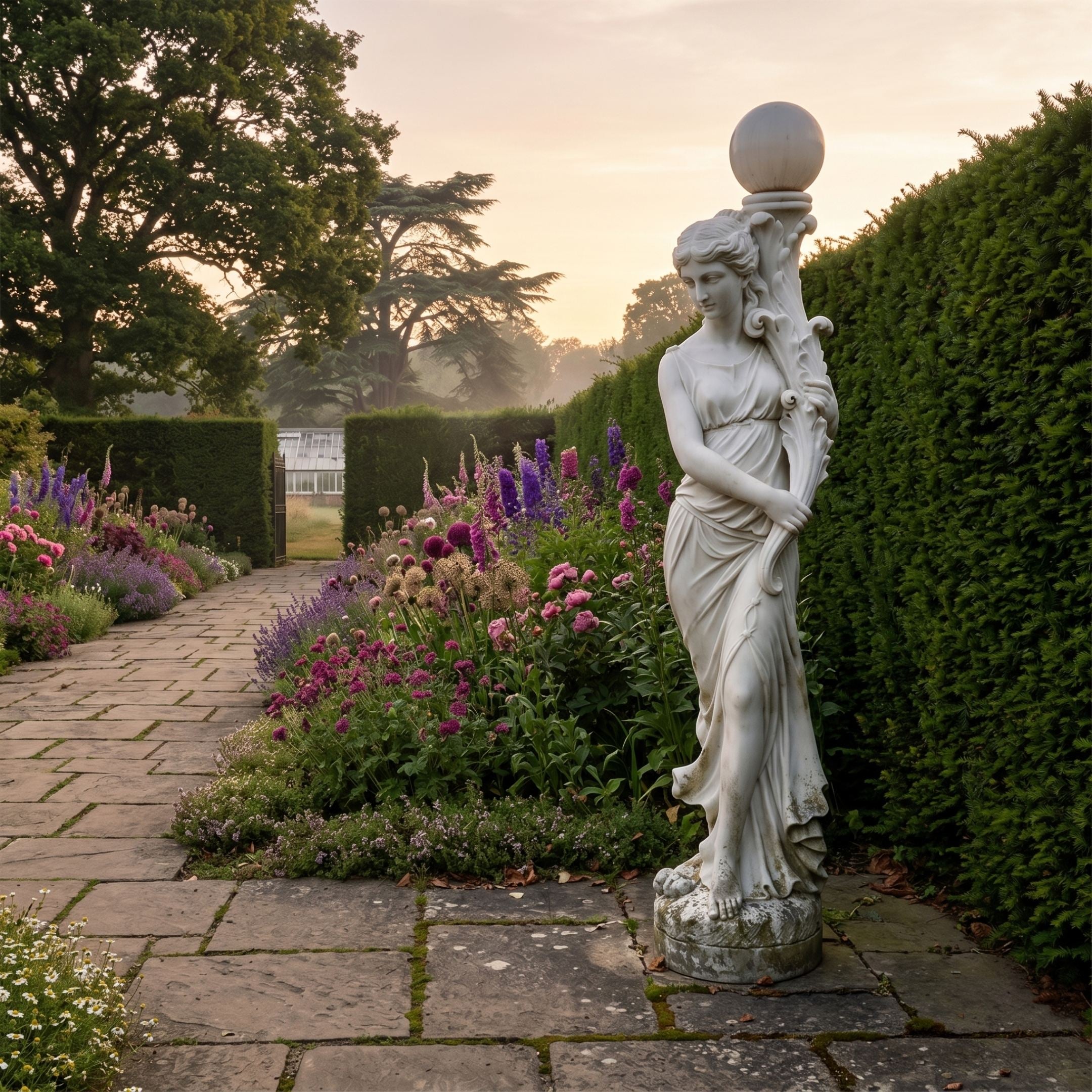 Giant Sculptures' 210cm Female Figure Lamp Marble Sculpture on a stone path beside a flowering border of foxgloves and lavender at dusk.