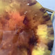 Close-up of the Aurenza Amber Acrylic & Metal Frame 3D Wall Art showing the glowing amber acrylic disc with burnt sienna to ochre marbling and gold-tone square frame mounted on a light wall.