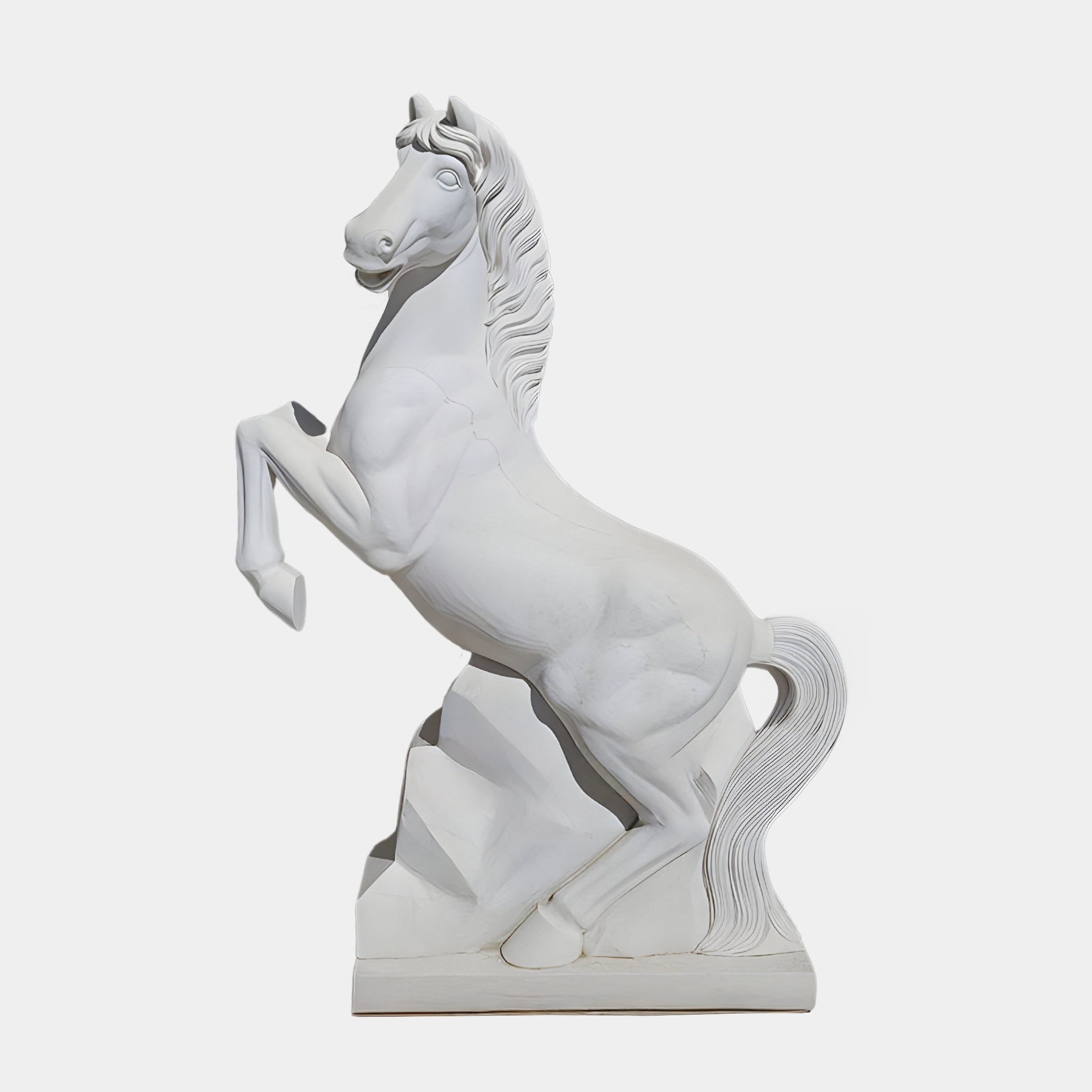 The Rearing Horse White Marble Outdoor Sculpture by Giant Sculptures, standing at 180cm, beautifully captures a rearing horse with raised front legs, flowing mane and tail, all set on a rocky rectangular base.