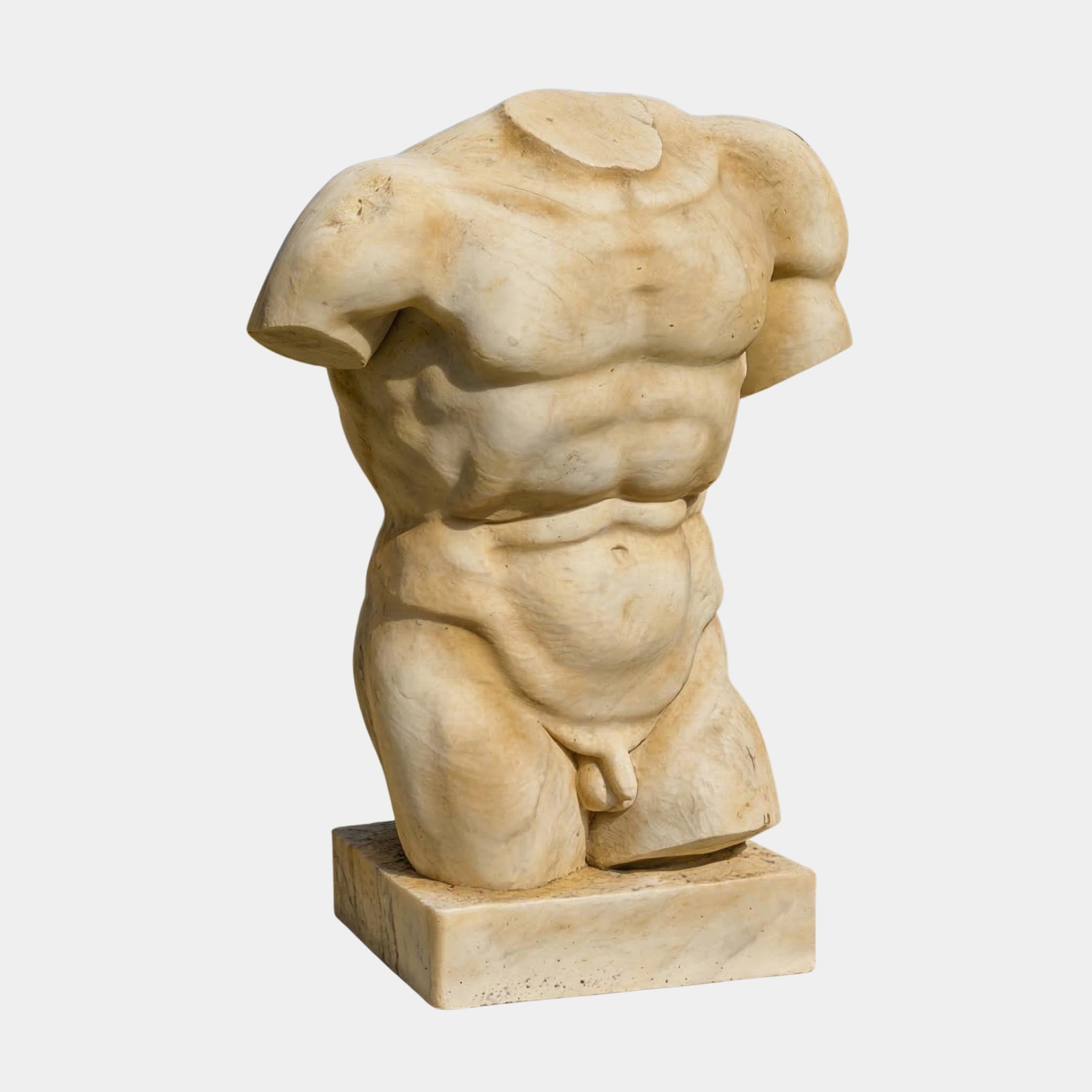 The Classical Male Marble Torso Sculpture - 80cm by Giant Sculptures features a headless, armless male torso in light beige marble on a rectangular base, showcasing detailed anatomy and classical style.