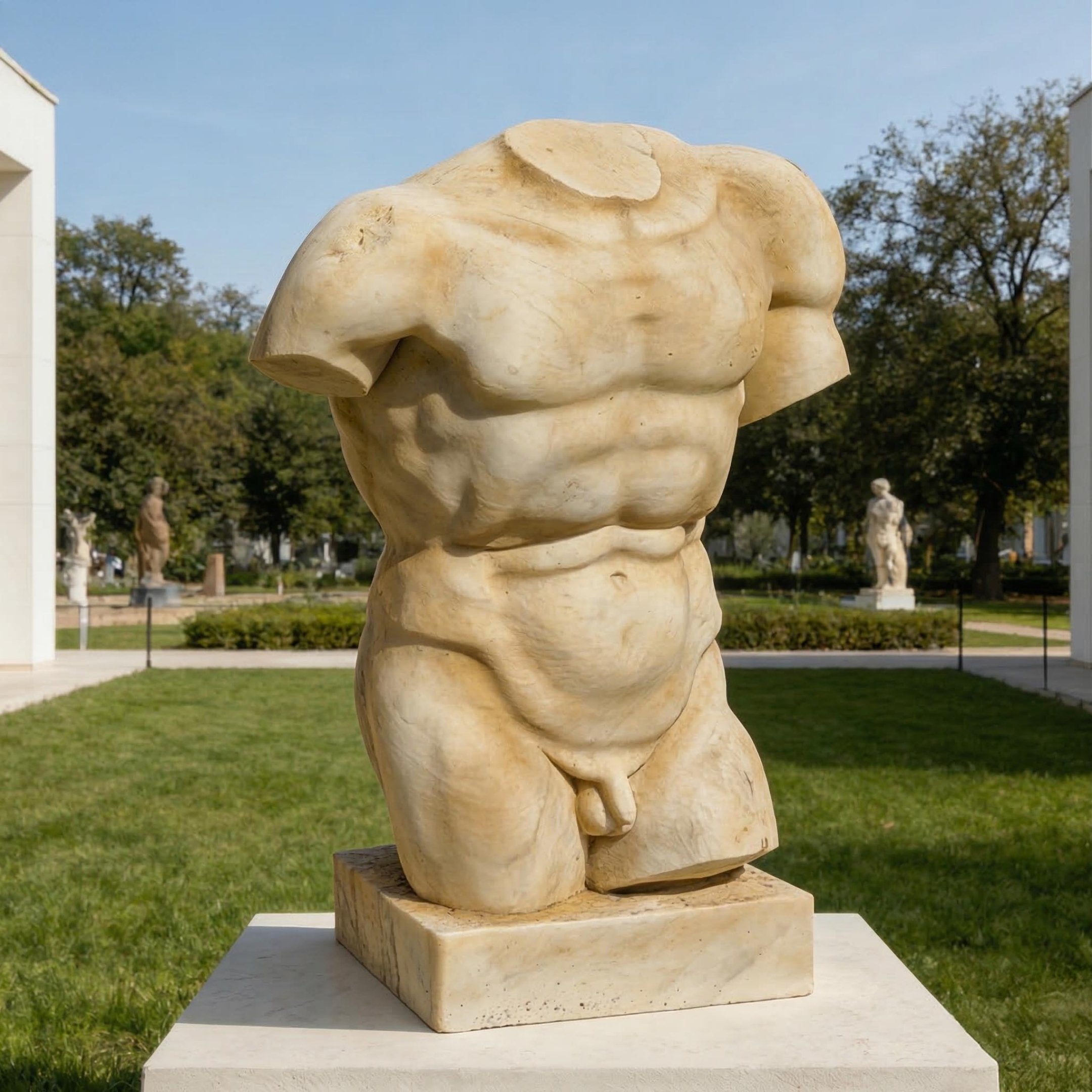 The Giant Sculptures Classical Male Marble Torso Sculpture - 80cm, carved from honey-toned marble and missing its head, arms, and lower legs, stands on a garden pedestal among trees and other statues.