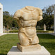 The Giant Sculptures Classical Male Marble Torso Sculpture - 80cm, carved from honey-toned marble and missing its head, arms, and lower legs, stands on a garden pedestal among trees and other statues.