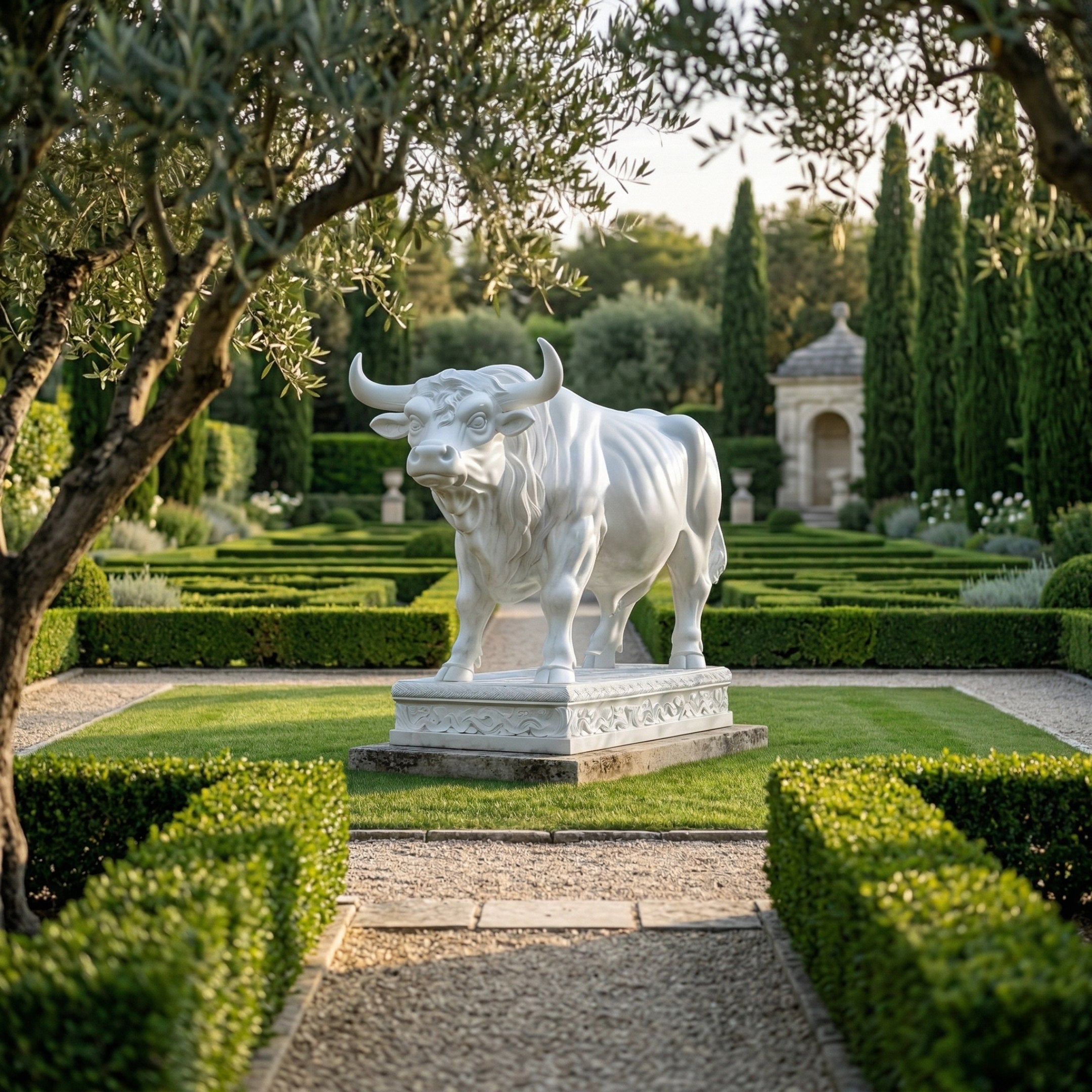 The Majestic Bull White Marble Outdoor Sculpture (120cm) by Giant Sculptures stands on a stone pedestal in a formal garden with manicured hedges, gravel paths, tall trees, and a classical pavilion in the background.