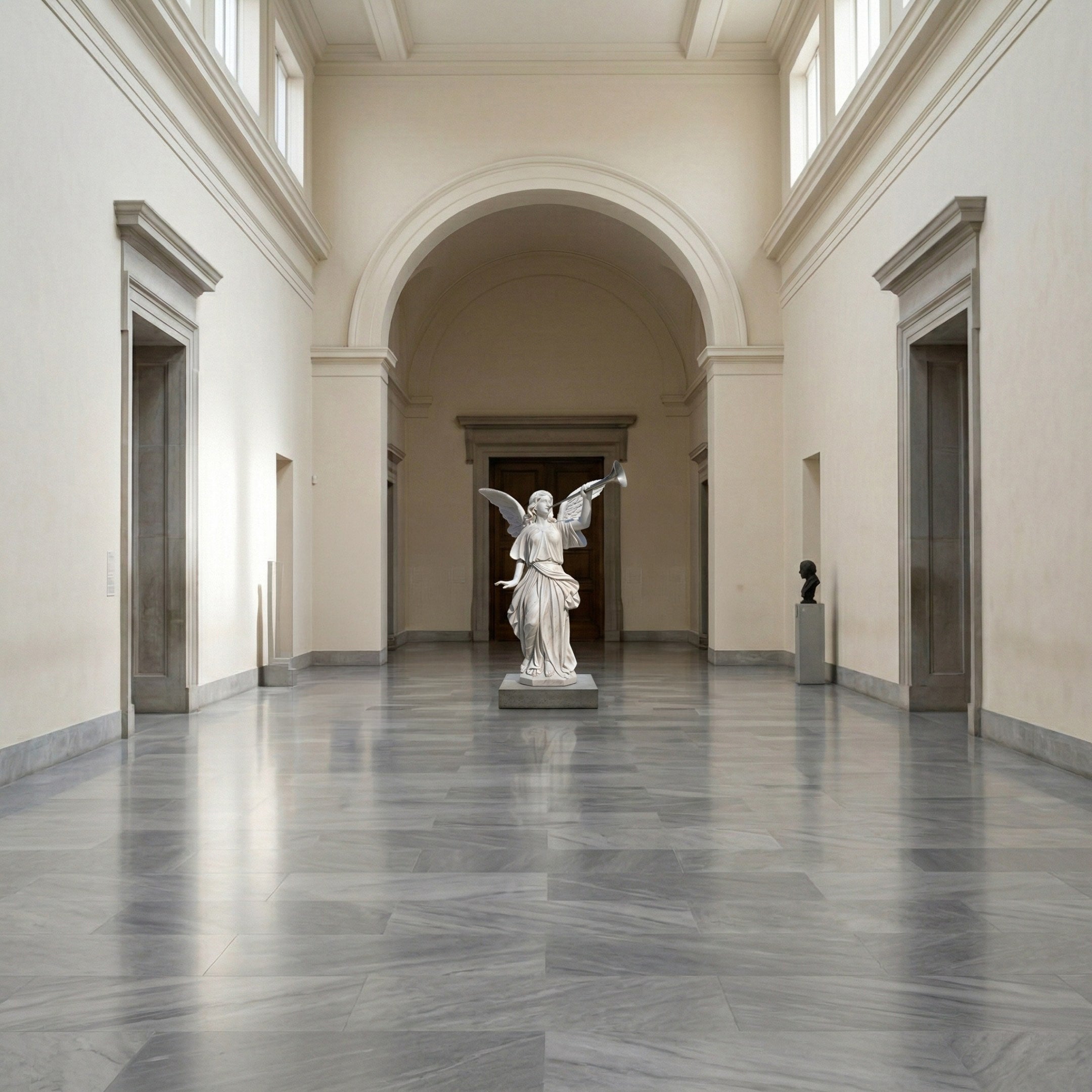 The Triumphant Trumpet Angel Marble Outdoor Sculpture (190cm) by Giant Sculptures, with outstretched arms, stands in the center of a spacious museum hall featuring high ceilings, arched doorways, and polished gray marble floors.