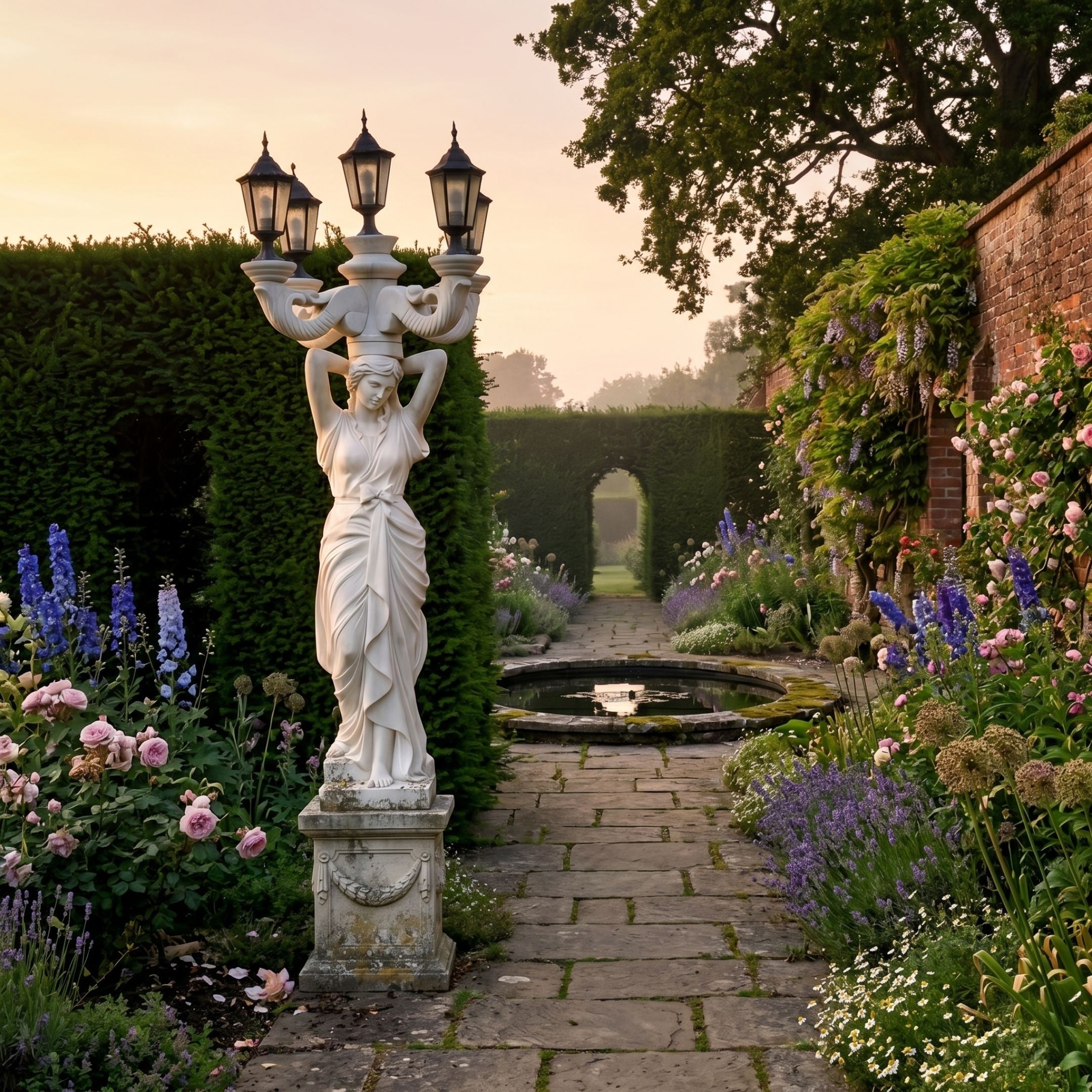Classical Woman Marble Lamp Sculpture 300cm by Giant Sculptures, draped figure holding a five-lantern candelabra on a carved pedestal in a walled flower garden at dusk.