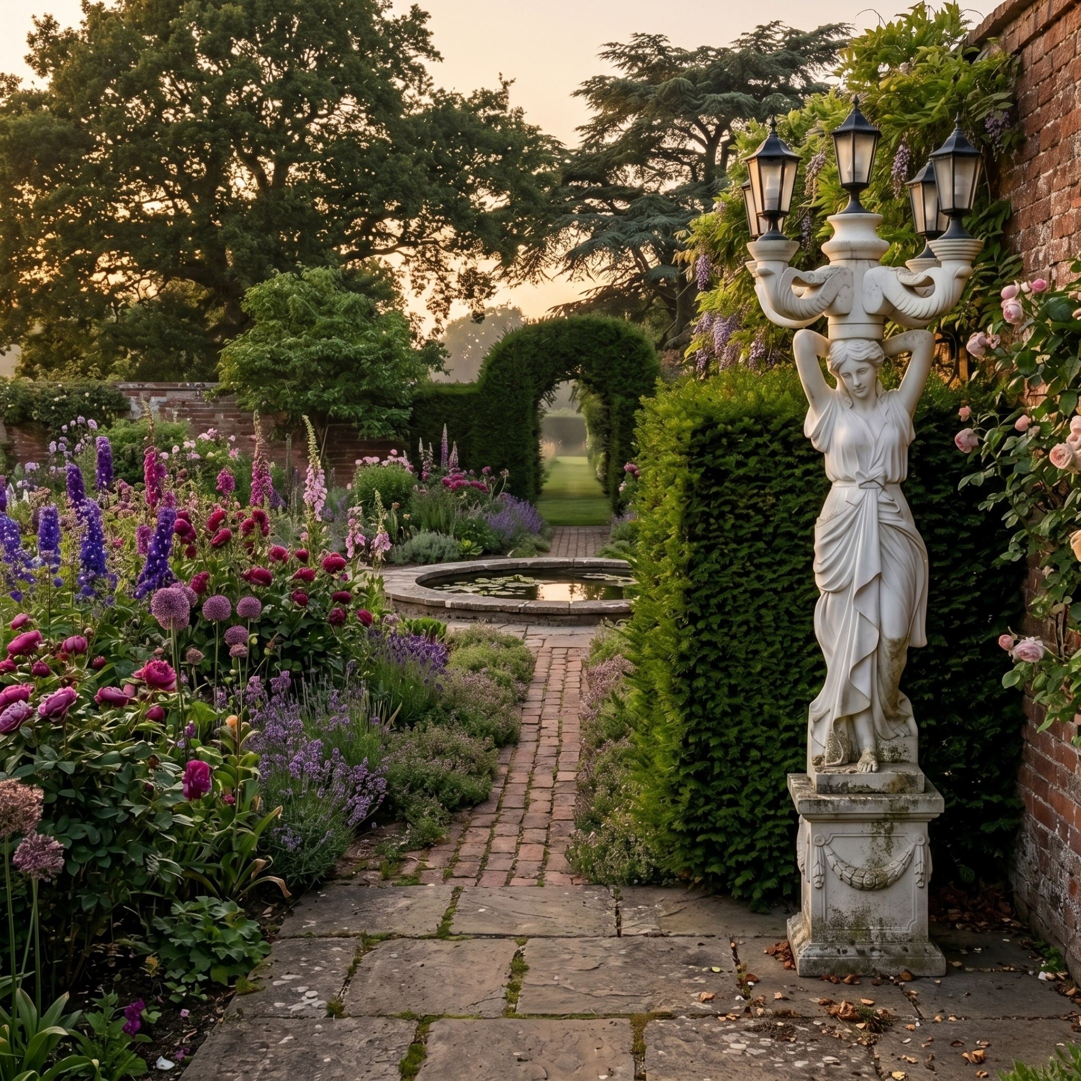 Giant Sculptures 300cm Classical Woman Marble Lamp Sculpture with five lantern arms on a carved pedestal, set in a walled garden beside a flower border and pond.