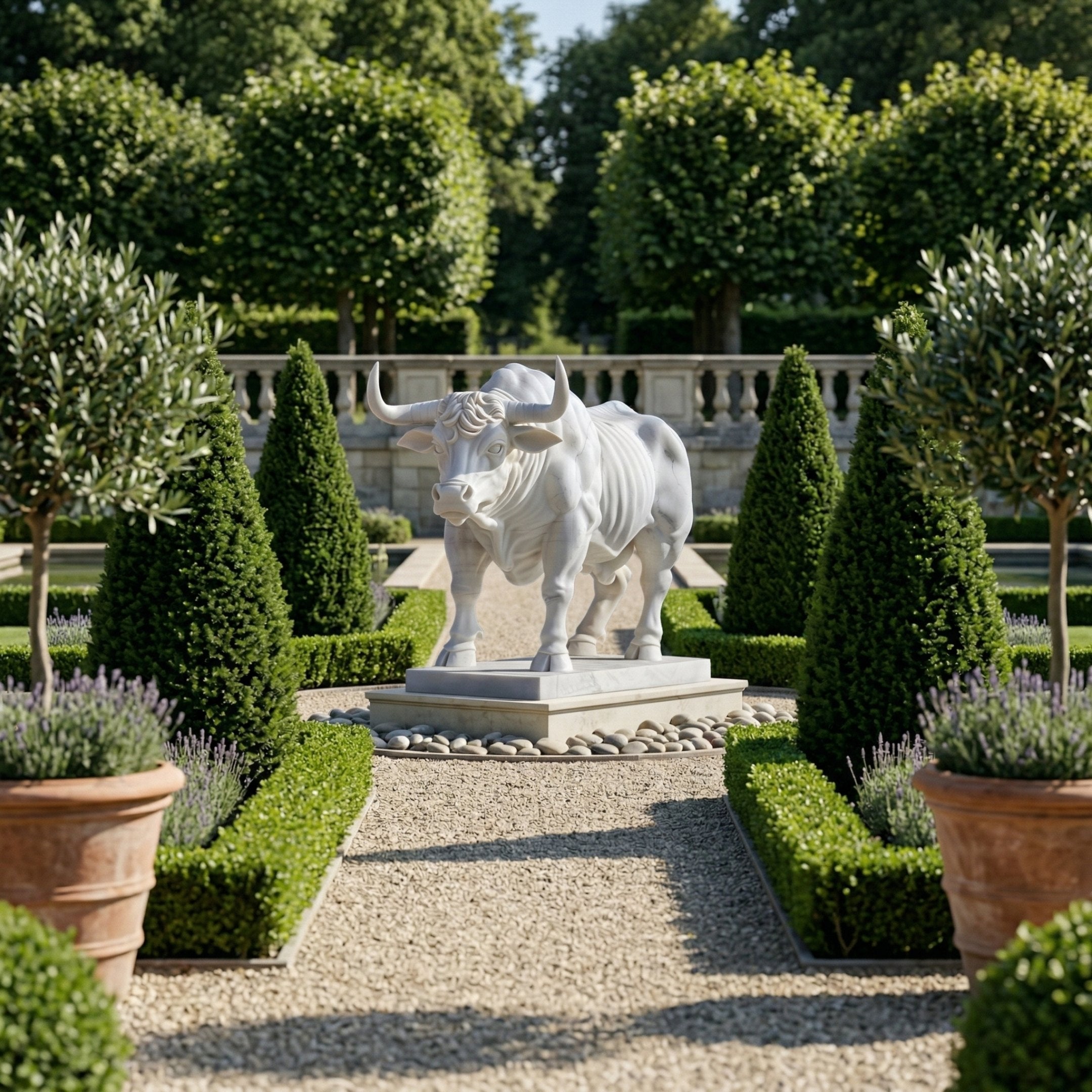 The Robust Bull White Marble Outdoor Sculpture - 120cm by Giant Sculptures stands on a stone pedestal amid potted plants, topiary trees, and gravel paths, with lush green trees in the background of this elegant formal garden display.