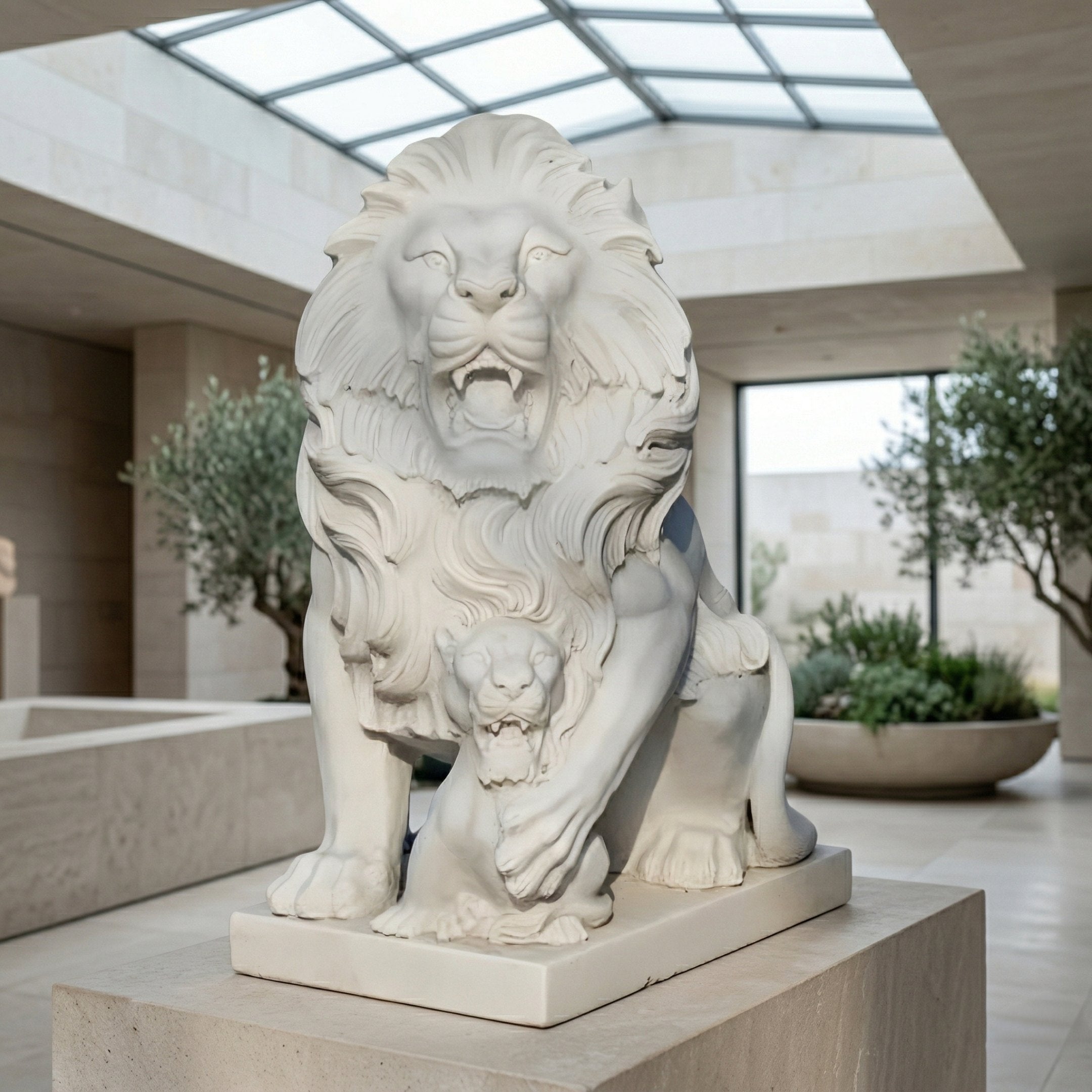 The Giant Sculptures Giant Lion With Cub Marble Outdoor Sculpture (120cm) features a majestic lion with its paw on a cub, perfect as luxury garden art or an impressive statement piece for any sunlit indoor or outdoor space.