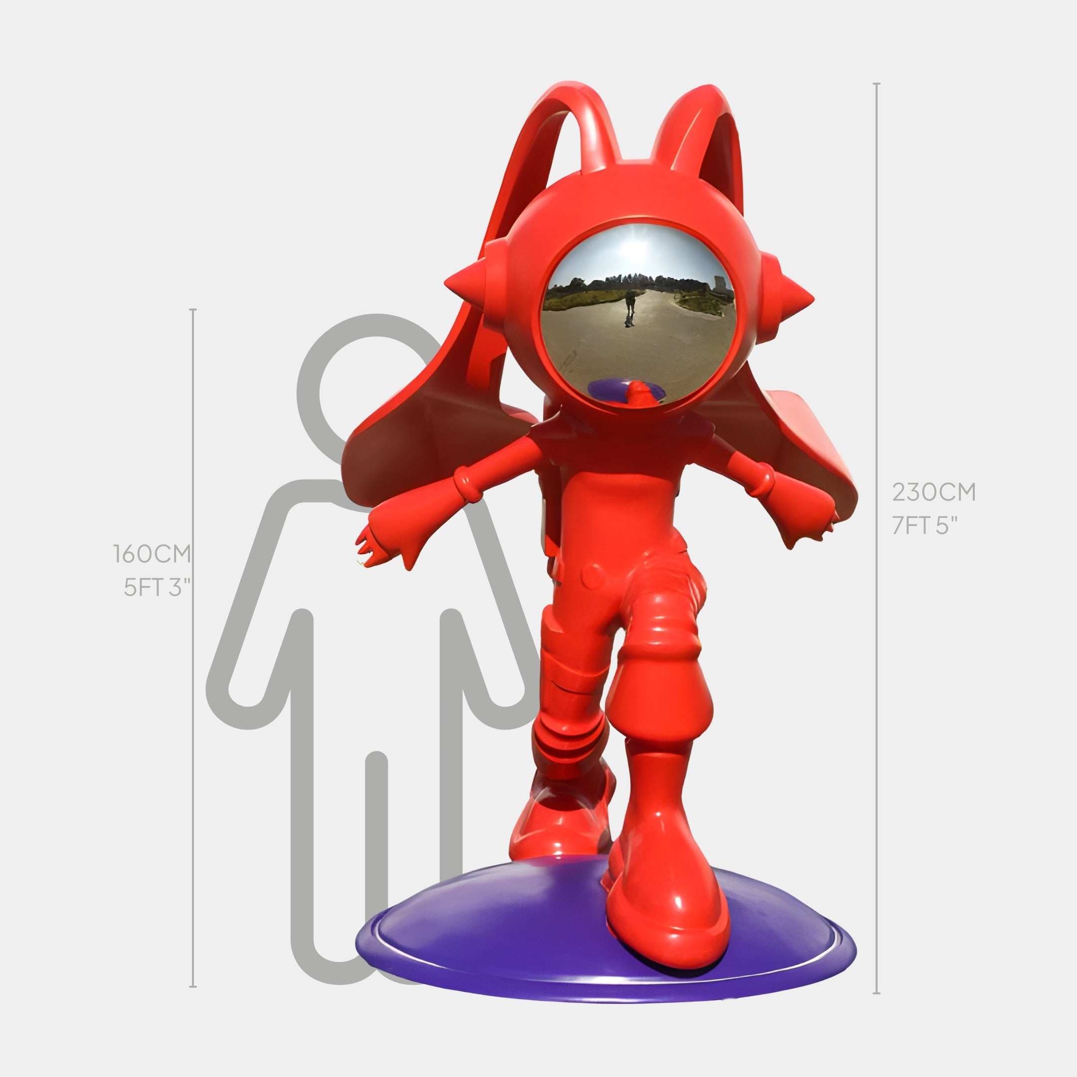 The Red Explorer Cosmo Cat Walking Sculpture by Giant Sculptures is a shiny red humanoid cat astronaut statue with a reflective sphere face on a purple base, standing 230cm (7ft 5in) tall—towering over an average person.