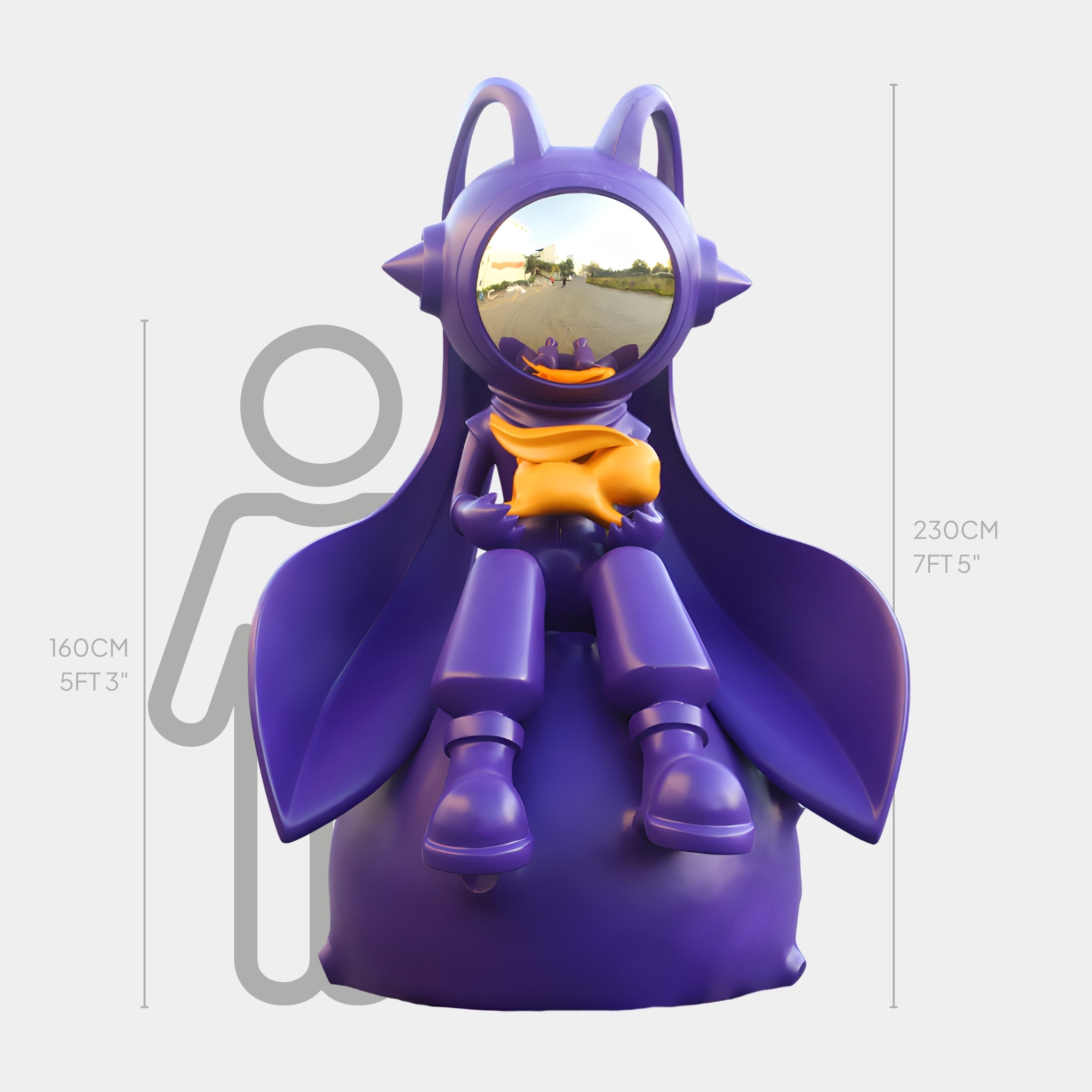 The Purple Companion Cosmo Cat Sitting Sculpture - 230cm by Giant Sculptures features a futuristic, oversized fiberglass cat with a reflective round face and orange star, sitting on a beanbag and standing much taller than an average 160cm person.