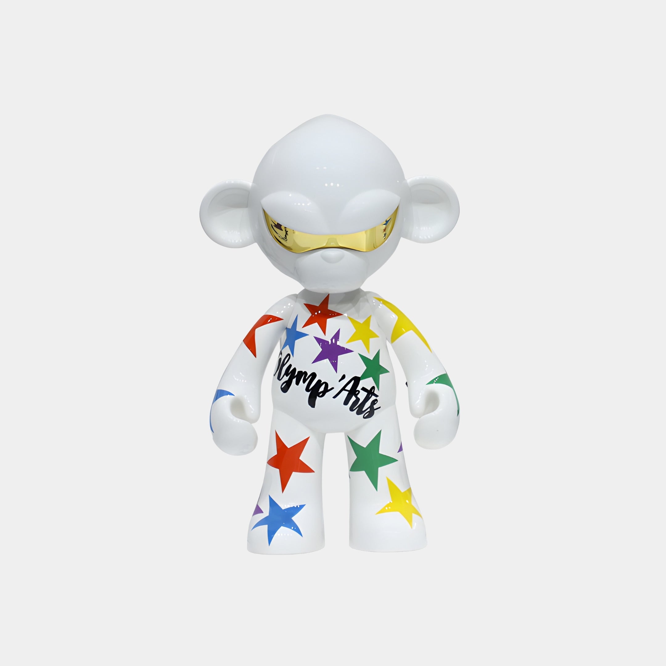 The Star Print White Monkey Figure (35cm) by Giant Sculptures features a white resin monkey with gold sunglasses, colorful stars, and "Krypto Apes" in black script on its chest—all set against a plain white background.