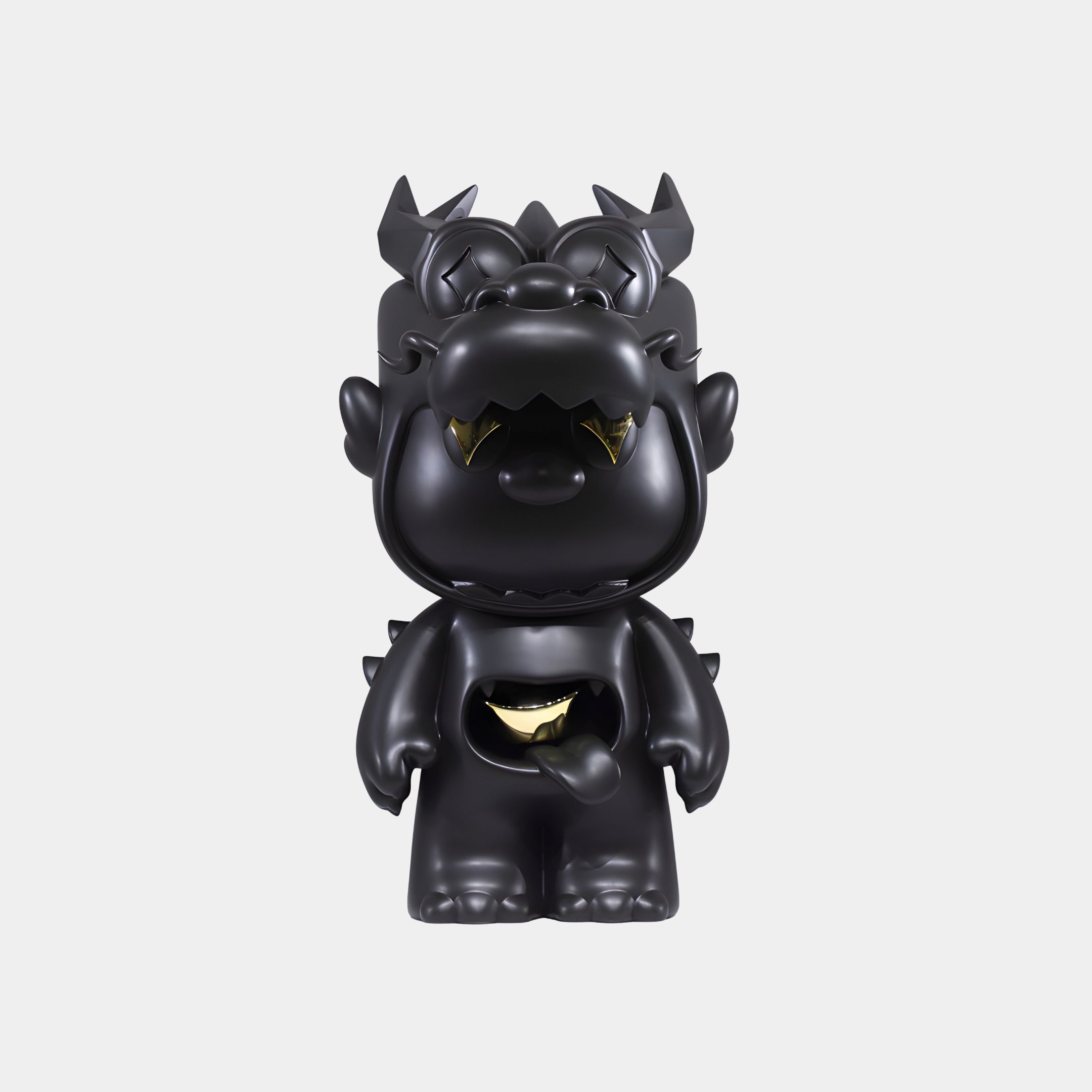 The Midnight Black Electroplated Drakko Figure - 48cm by Giant Sculptures is a collectible vinyl dragon with gold accents, horns, sharp claws, and an open mouth with pointed teeth displayed on a plain white background.