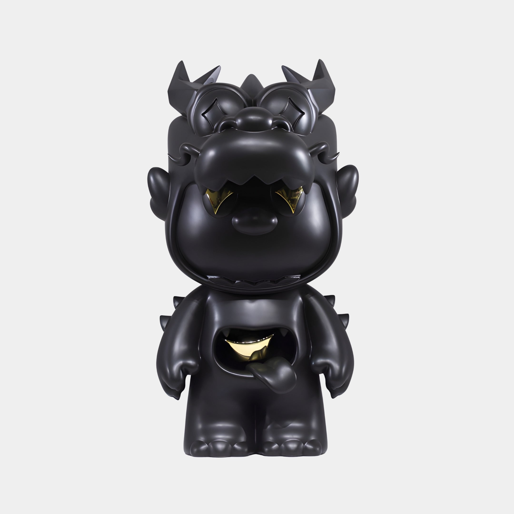 The Giant Sculptures Midnight Black Electroplated Drakko Sculpture (66cm) blends Chinese symbolism with collectible art, depicting a stylized dragon with gold teeth and a gold belly, upright against a plain white background.