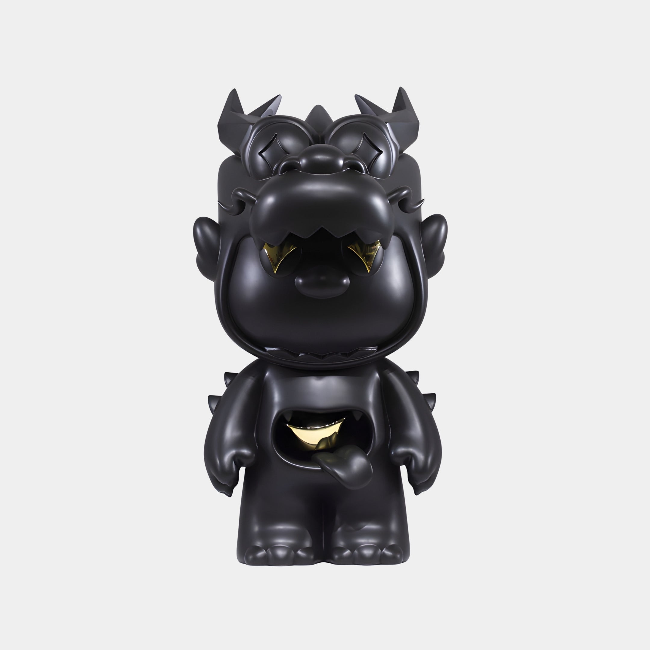 The Midnight Black Drakko Sculpture - 60cm by Giant Sculptures is a black vinyl dragon figure with gold accents, horns, fangs, tail, and a large open-mouthed chest, displayed on a plain white background.
