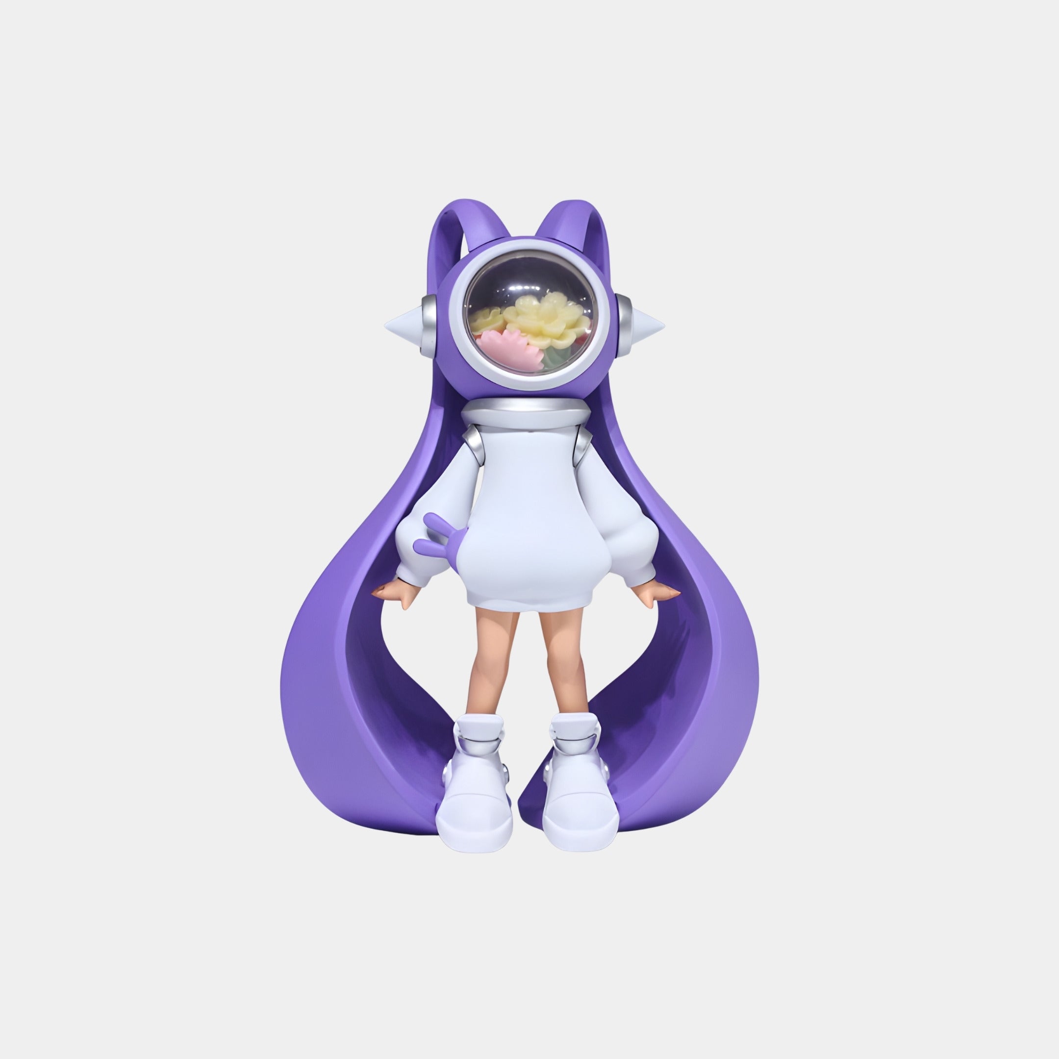 The Lavender Flower Helmet Astro Girl Figure by Giant Sculptures is a 20cm stylized collectible featuring long purple hair, a white outfit, and an astronaut helmet with cloud and rainbow details, creating a whimsical futuristic look.