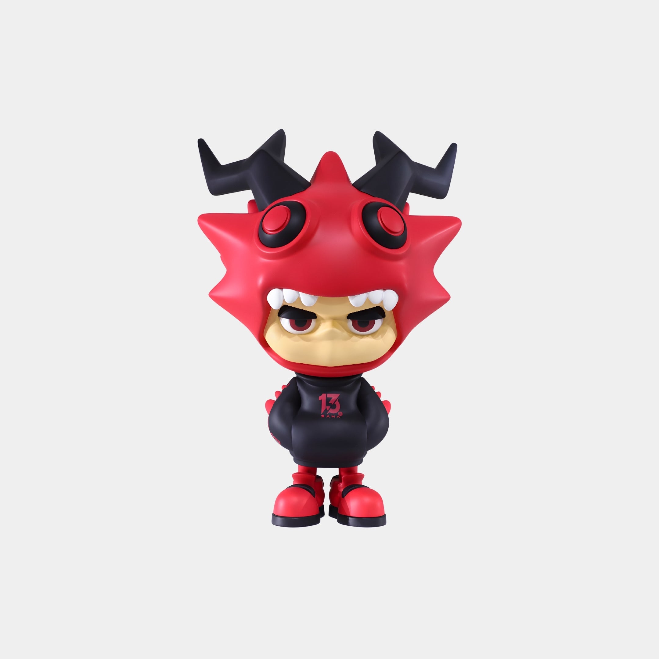 The Red & Black Horned Drakoz Figure - 15cm by Giant Sculptures is a chibi resin collectible with a grumpy face, spiky red helmet with black horns, big eyes, black hoodie with red 13, black shorts, and red shoes on a white background.