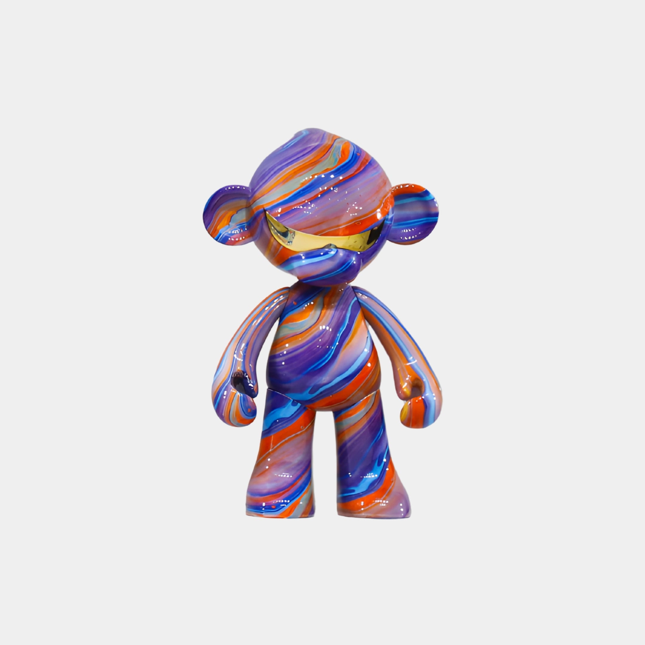 The Solar Burst Monkey Figure - 35cm by Giant Sculptures is a collectible resin sculpture with a glossy, marbled finish in vibrant purple, blue, red, and orange hues, shown against a plain white background.