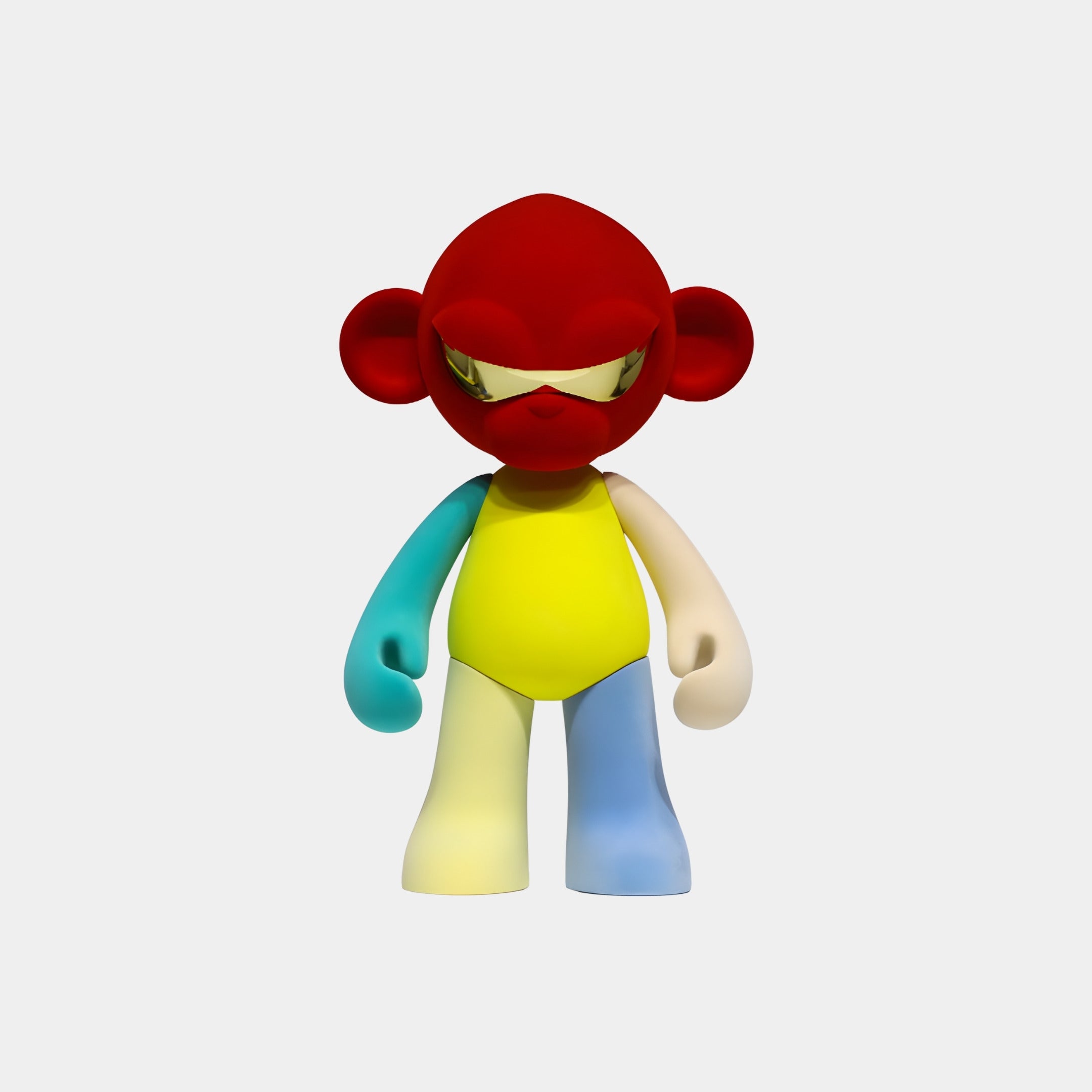 The Giant Sculptures Red Head I Colorblock Monkey Figure (35cm) features a red head and ears, yellow body, gold visor, blue left arm, cream right arm, yellow left leg, and blue right leg—an eye-catching resin art toy against a white background.