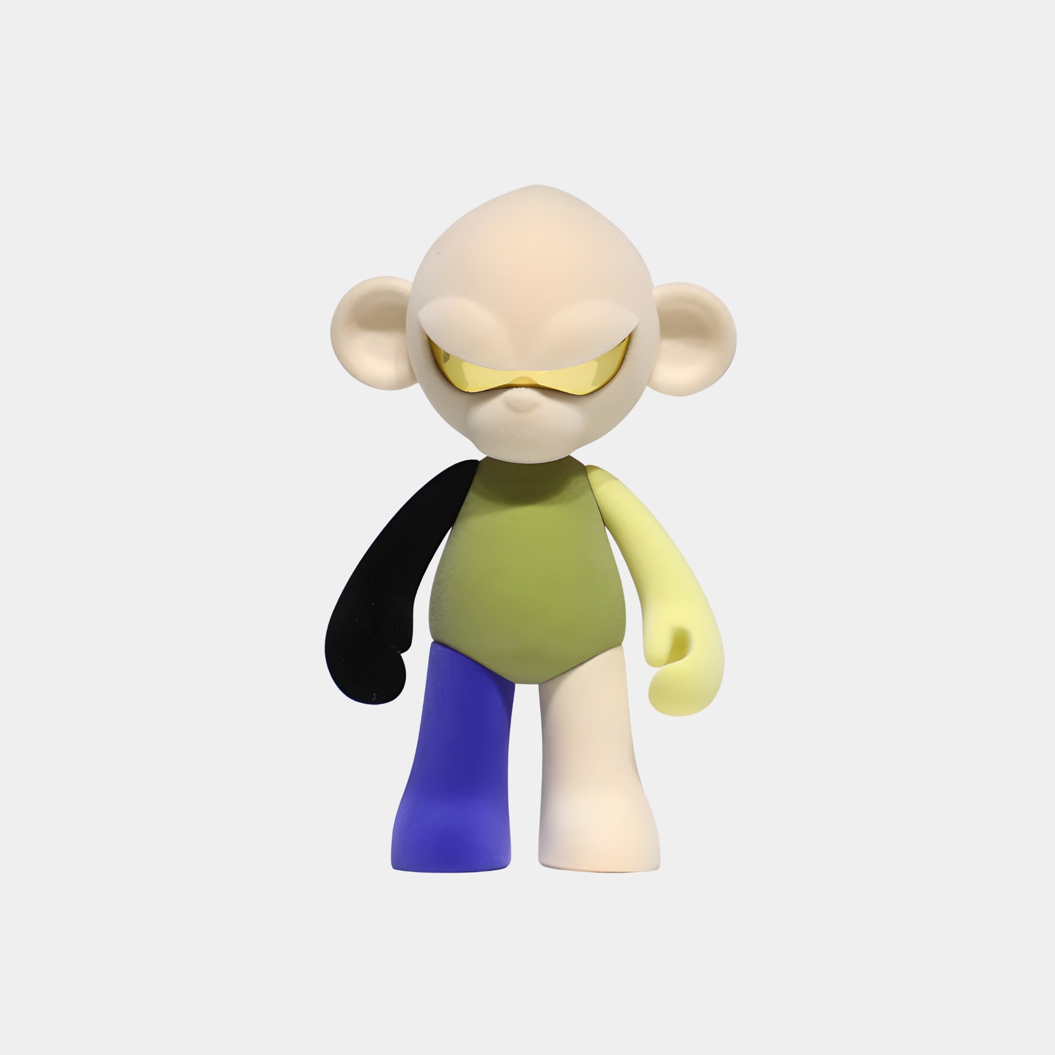 The Cream Head I Colorblock Monkey Figure by Giant Sculptures is a 35cm collectible with a stylized oversized head, yellow visor-like eyes, and multicolored limbs in black, blue, yellow, and cream premium resin against a white background.
