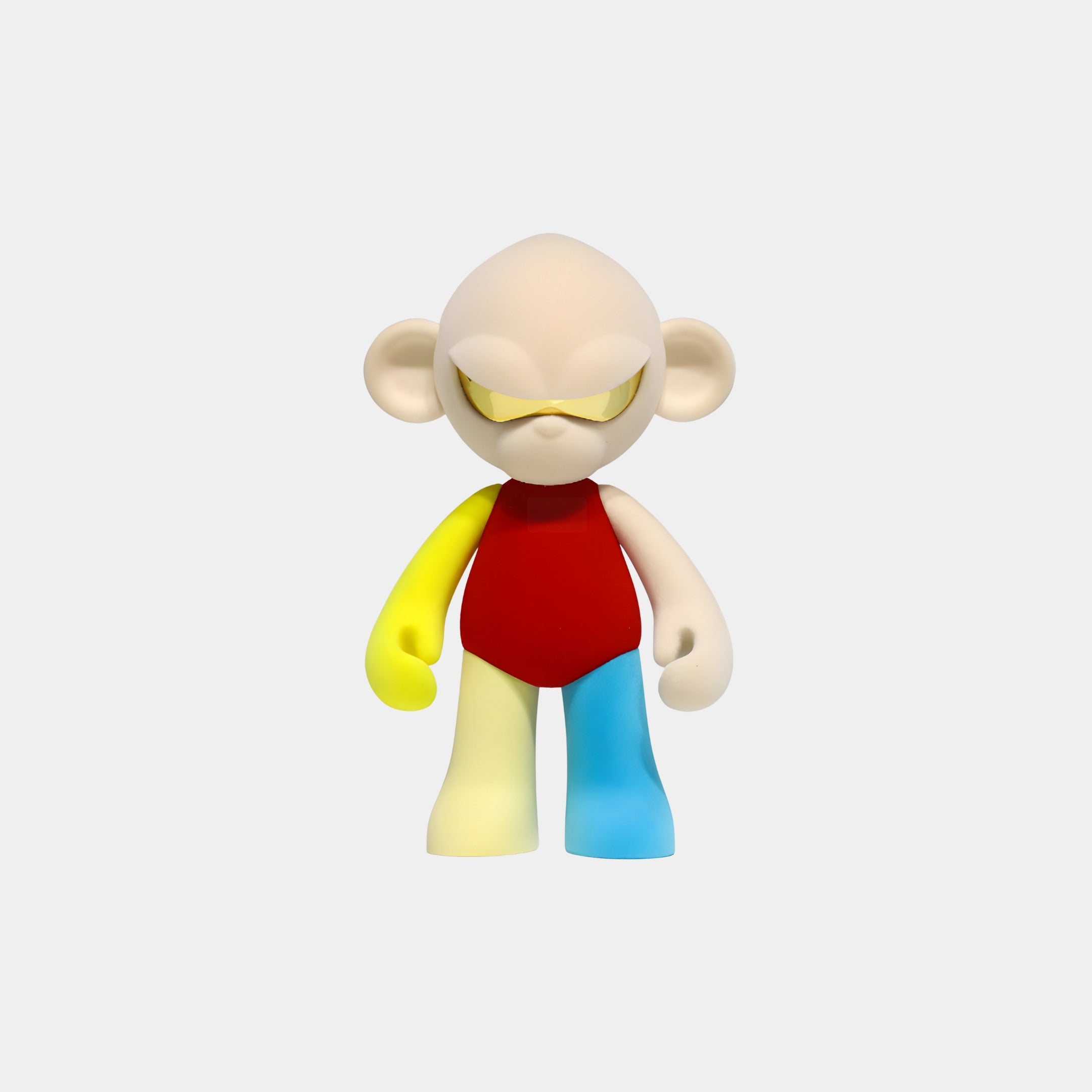 The 15cm Cream Head II Colorblock Monkey Figure by Giant Sculptures features a large head, yellow sunglasses, red outfit, yellow right arm, and blue left leg—a playful resin collectible for primary colour decor against a white backdrop.