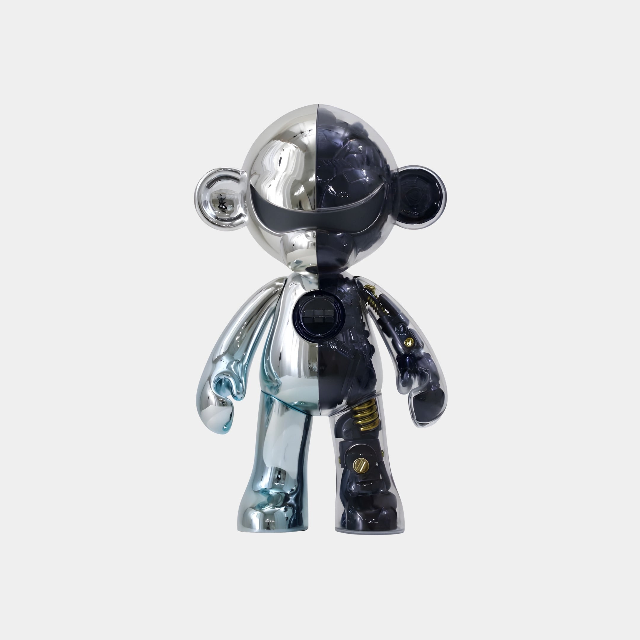 The 35cm Silver & Black Duotronic Monkey Figure by Giant Sculptures features a split metallic silver and transparent black design that reveals inner mechanics. This unique 3D printed collectible stands upright against a plain background.