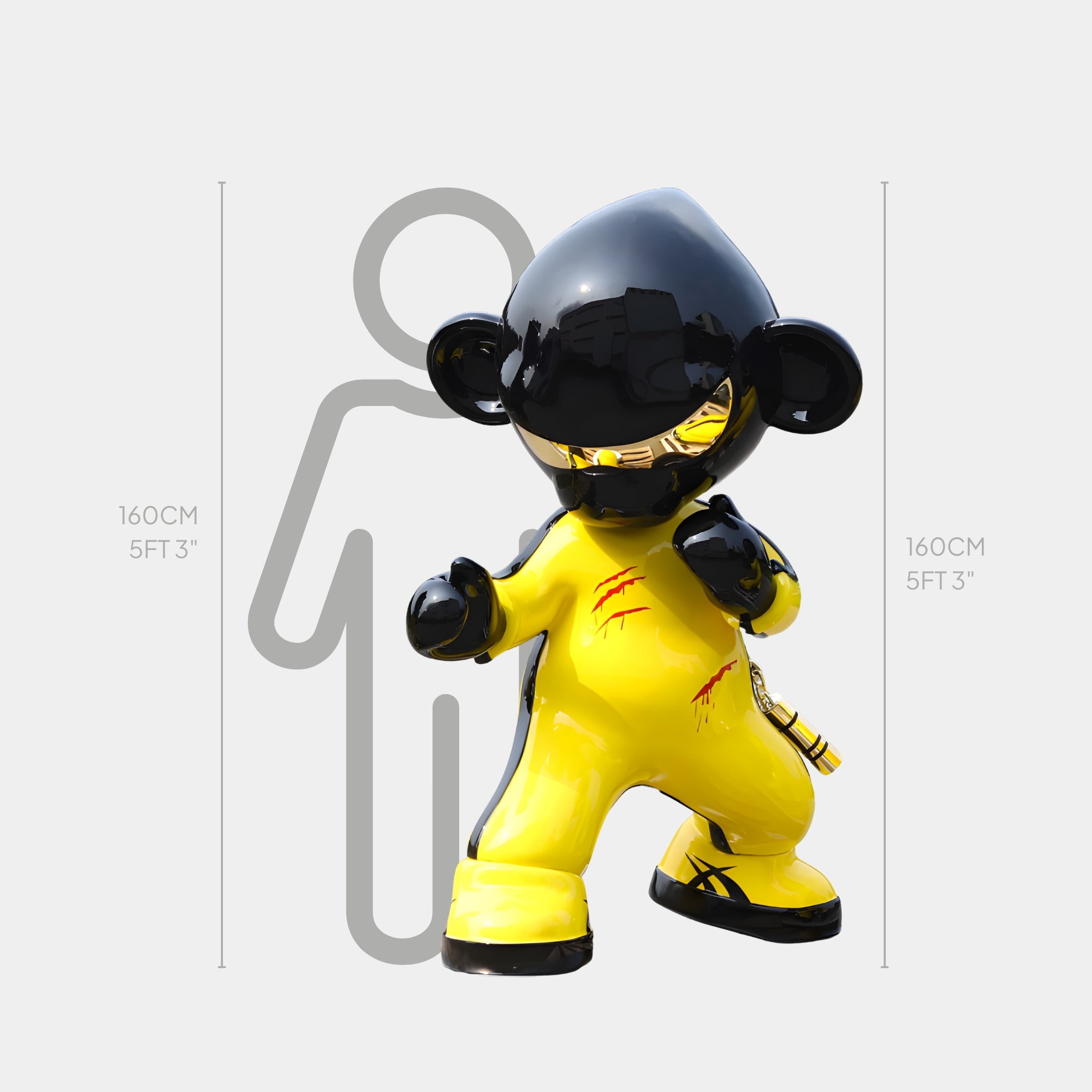 The Yellow Kung Fu Monkey Figure by Giant Sculptures stands 160cm tall, matching the human outline behind it. This life-size black and yellow sculpture features gold details, claw marks, and a dynamic fighting pose.