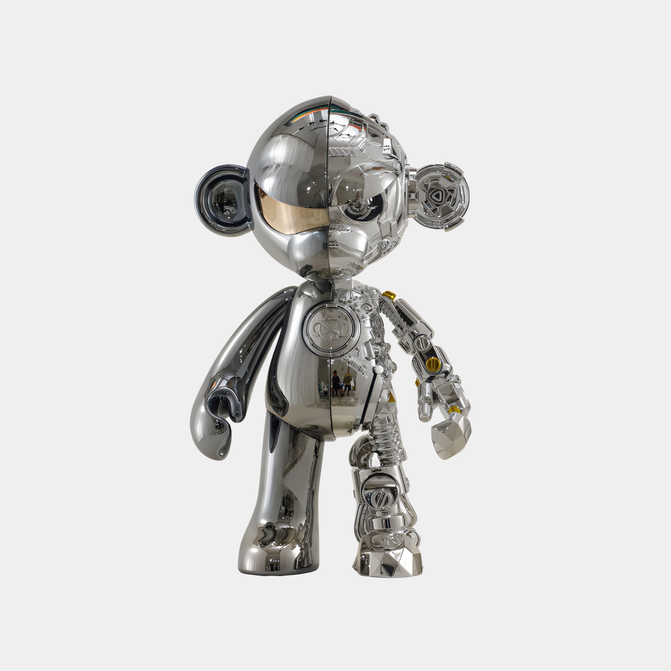 The Steel Chrome Mech Split Monkey Sculpture - 80cm by Giant Sculptures features a polished left side and an intricate, gear-filled right, blending futuristic robotic design with 3D printed art.