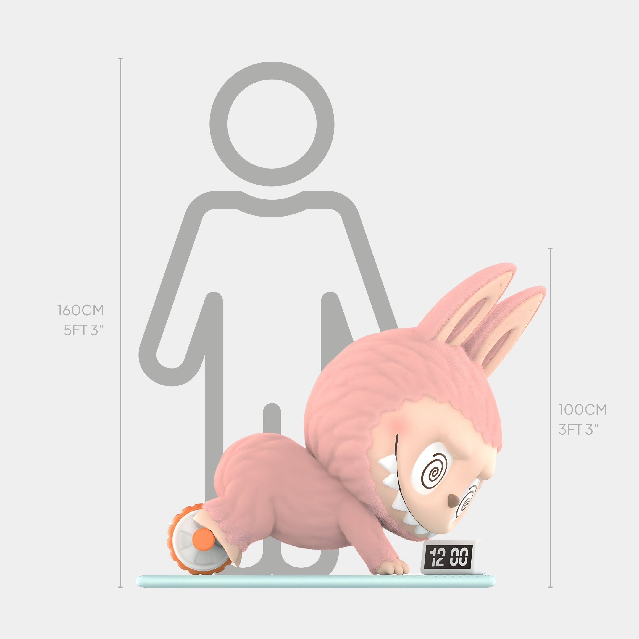 The Lazy Yoga Ab Roller Labubu Sculpture by Giant Sculptures is a playful 100 cm fibreglass figure in a bunny costume, shown doing a push-up beside an alarm clock and placed before the gray outline of a 160 cm person for scale.