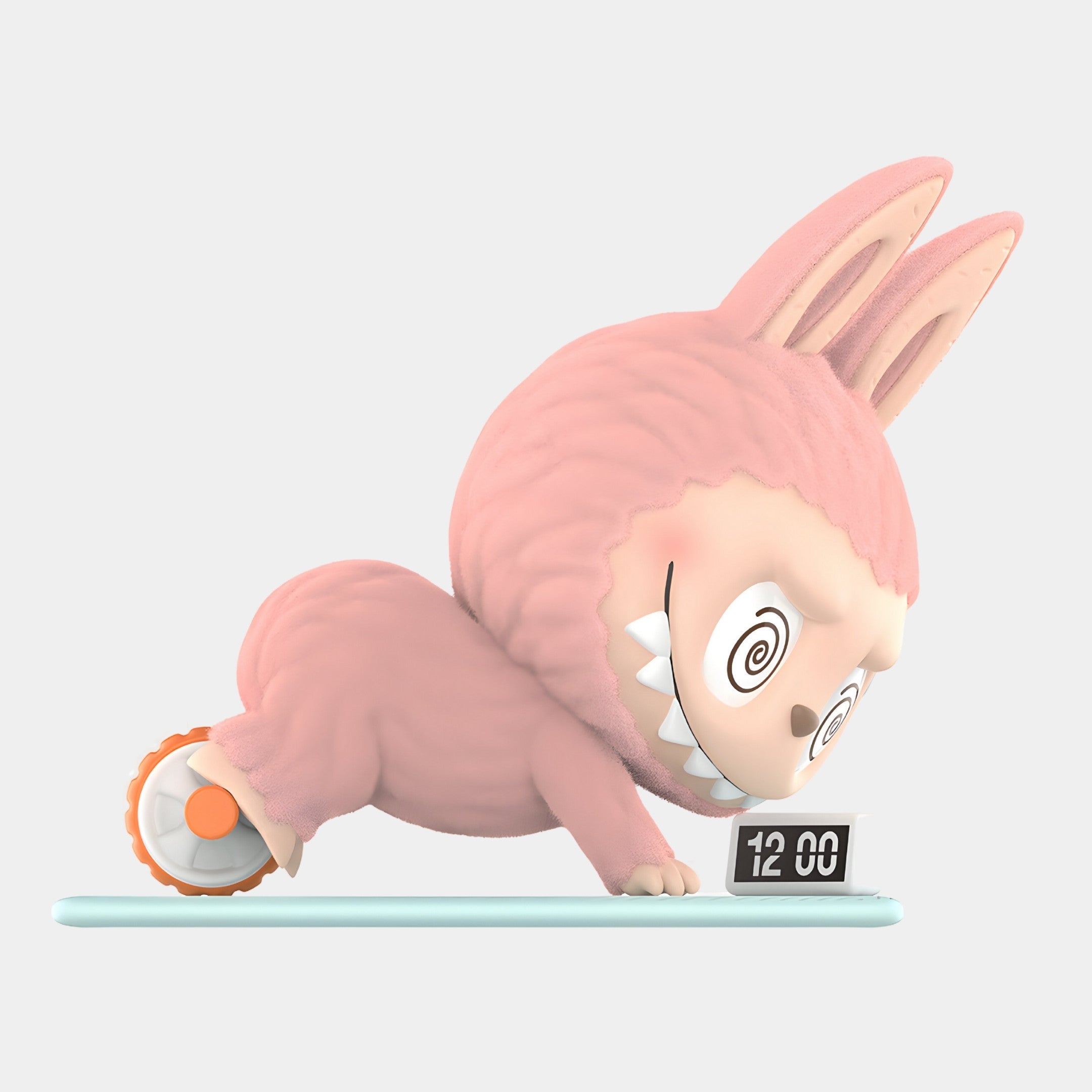 A cartoonish character in a fuzzy pink bunny suit with spiral eyes does push-ups on a mat near a 12:00 clock, using the Lazy Yoga Ab Roller Labubu Sculpture - 160cm by Giant Sculptures for support, blending yoga vibes and faux-fur charm.