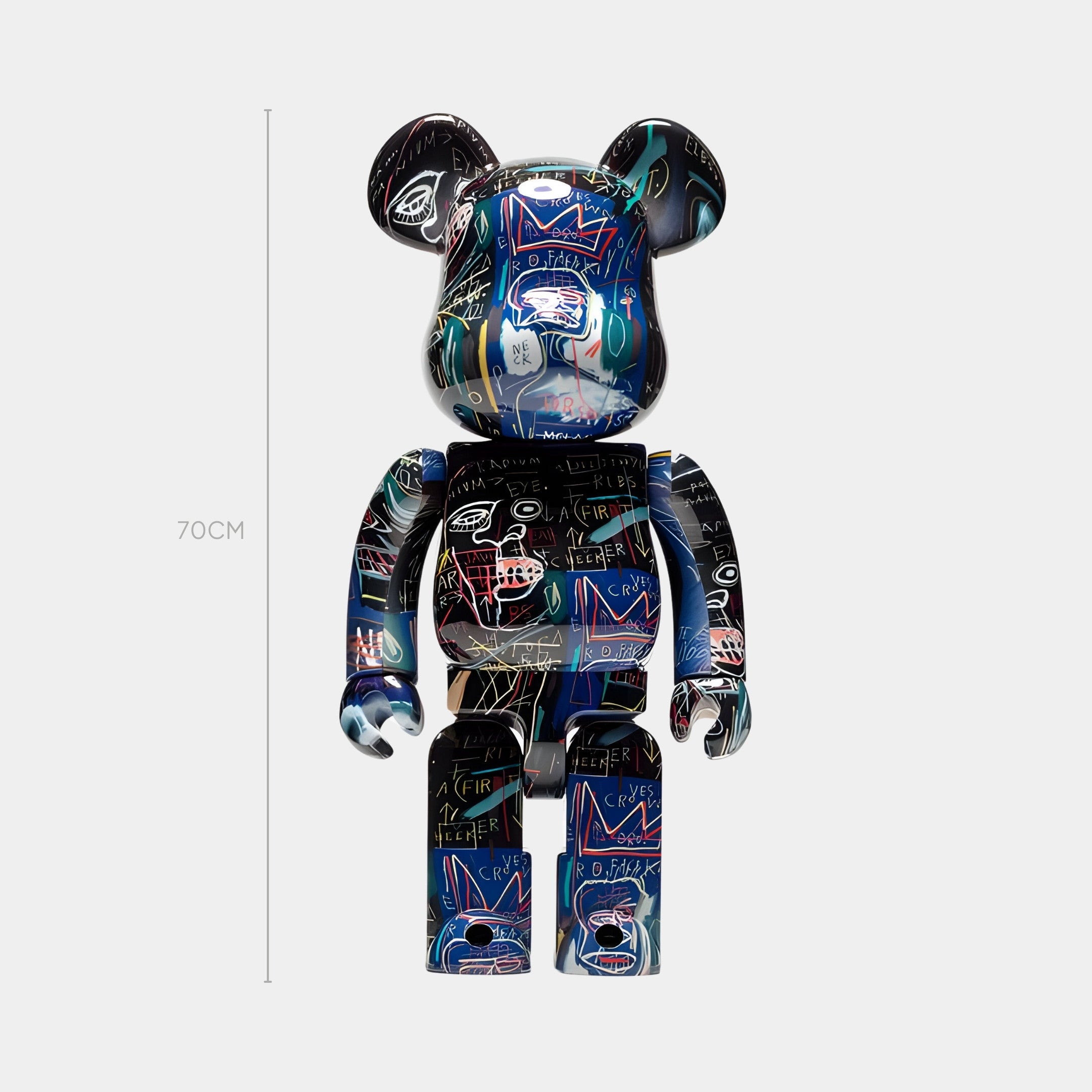 The Giant Sculptures Abstract Graffiti Bear Sculpture - 70cm features a glossy dark finish with neo-expressionist tags and vibrant Basquiat-inspired scribbles. This limited edition figurine stands upright against a plain background.