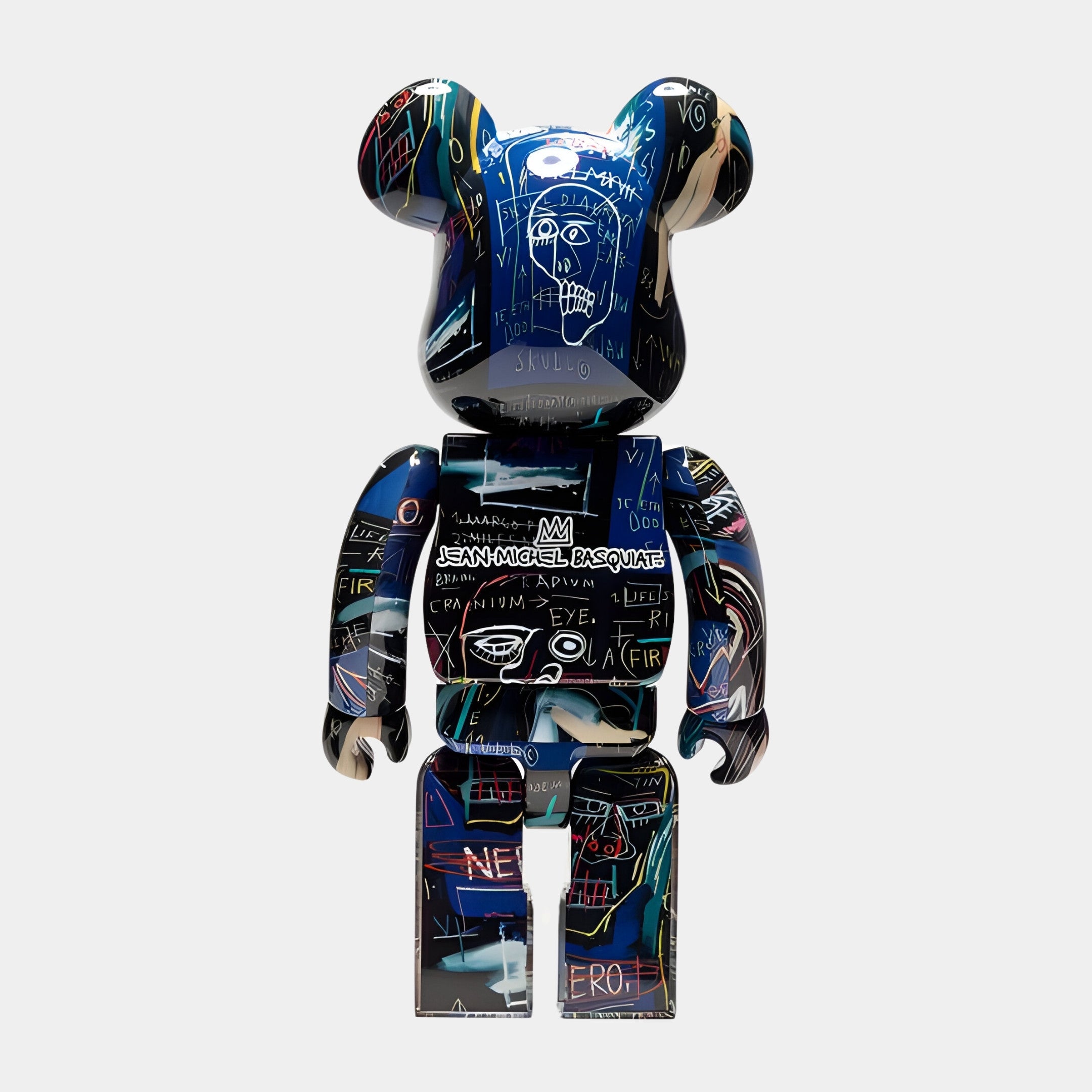 The Abstract Graffiti Bear Sculpture - 70cm by Giant Sculptures features neo-expressionist tags, Basquiat-style crown motifs, text, and sketched faces on a dark background. Limited edition.