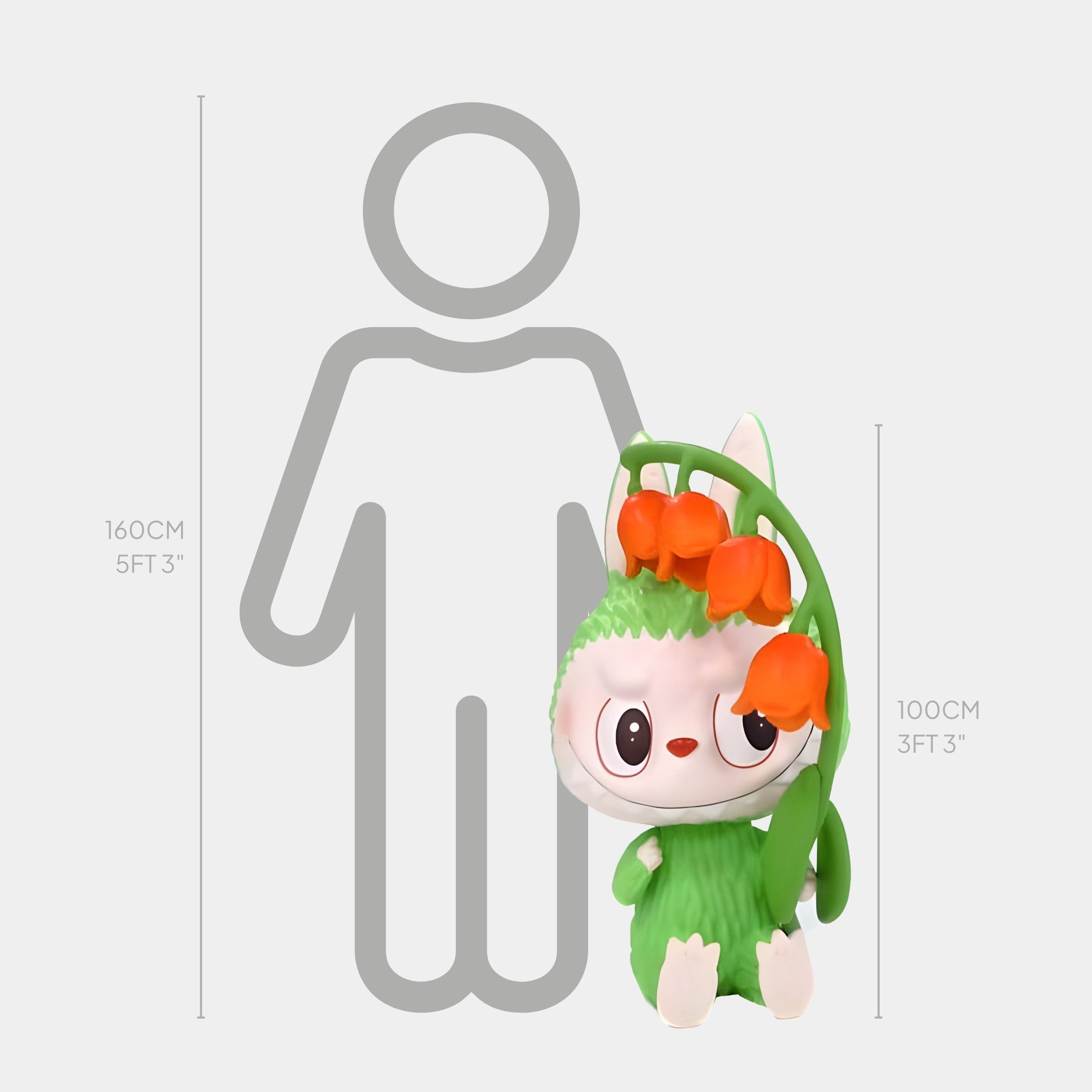 The Giant Sculptures Flower Elves Abutilon Labubu Sculpture (100cm) is a cute green and white character with orange flower buds, shown by a height chart next to a 160cm human outline.