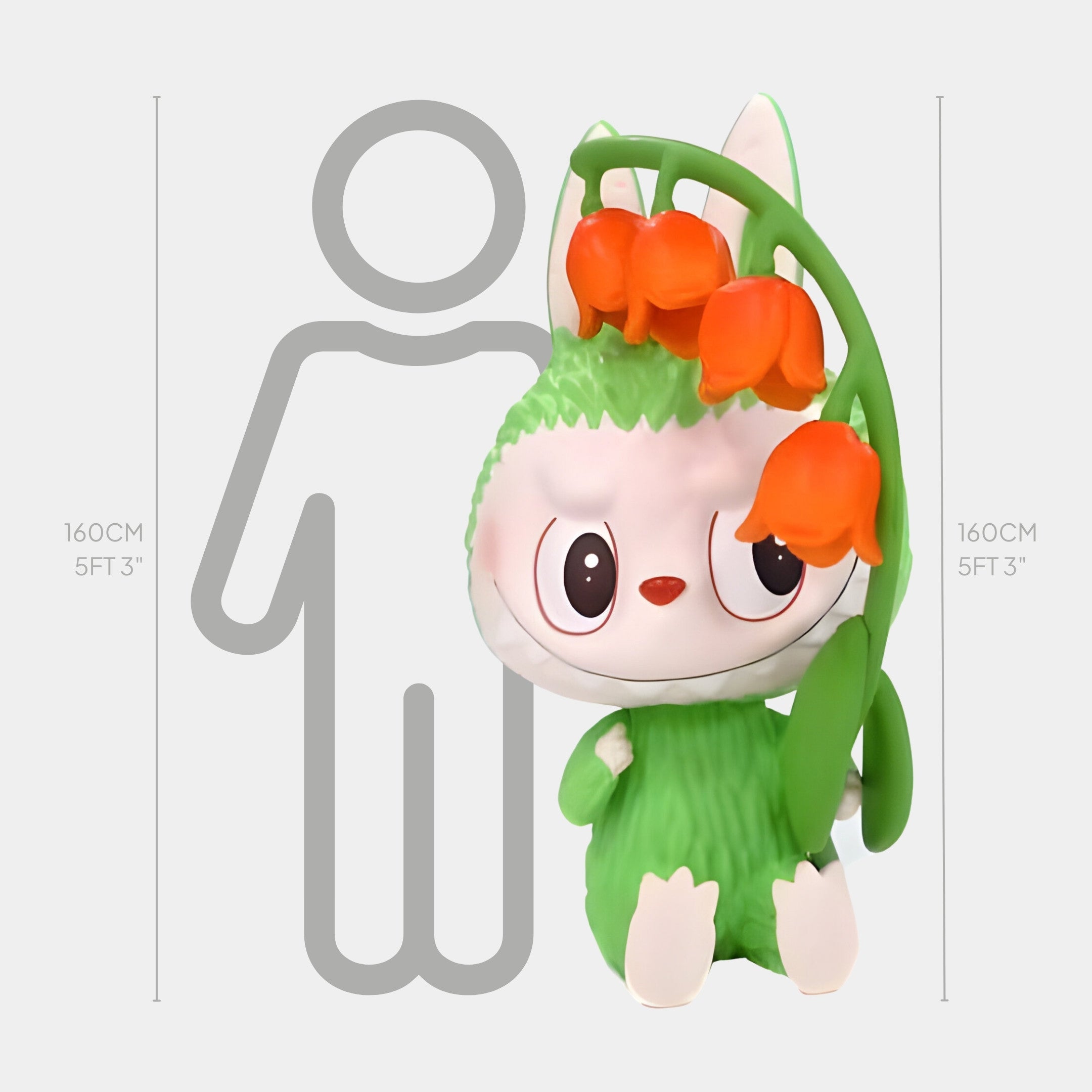 The Giant Sculptures Flower Elves Abutilon Labubu Sculpture - 160cm is a green and white cartoon figure with orange bell-shaped flowers, perfect as an enchanting indoor or botanical décor piece.