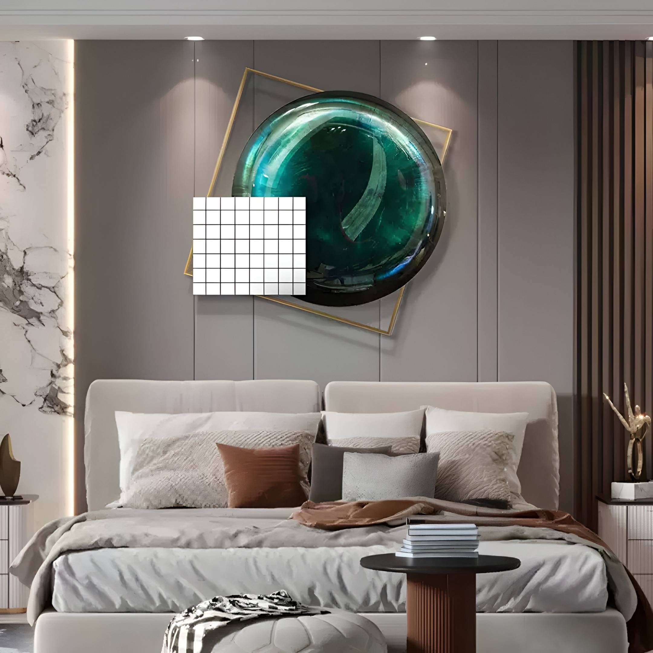 Aurenza Grid Jade Acrylic & Metal Frame 3D Wall Art