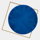 Aurenza Cobalt Blue Acrylic & Metal Frame 3D Wall Art featuring a deep cobalt blue acrylic disc with sunburst texture layered over a tilted gold-tone open square metal frame, on a light background.