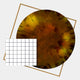 Aurenza Grid Amber Acrylic & Metal Frame 3D Wall Art featuring a fiery amber, gold, and rust acrylic disc within an angled gold metal square frame with a white grid overlay, on a light grey background.