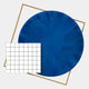 The Aurenza Grid Cobalt Blue Acrylic & Metal Frame 3D Wall Art by Giant Sculptures features a large circular cobalt blue form overlapping a tilted gold frame, with a white grid and black lines layered at the lower left on a light gray background.