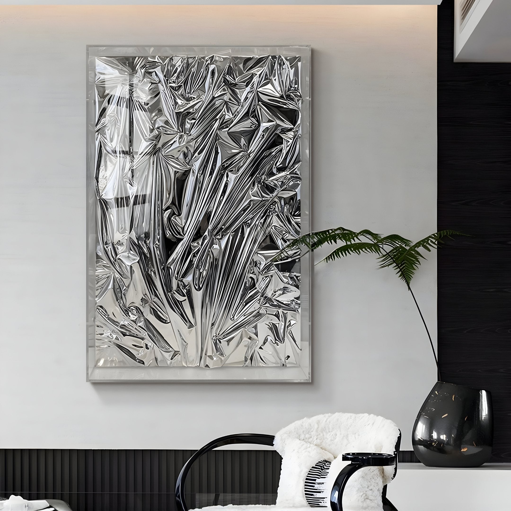 Metallique Silver Crinkle Texture Leather 3D Wall Art