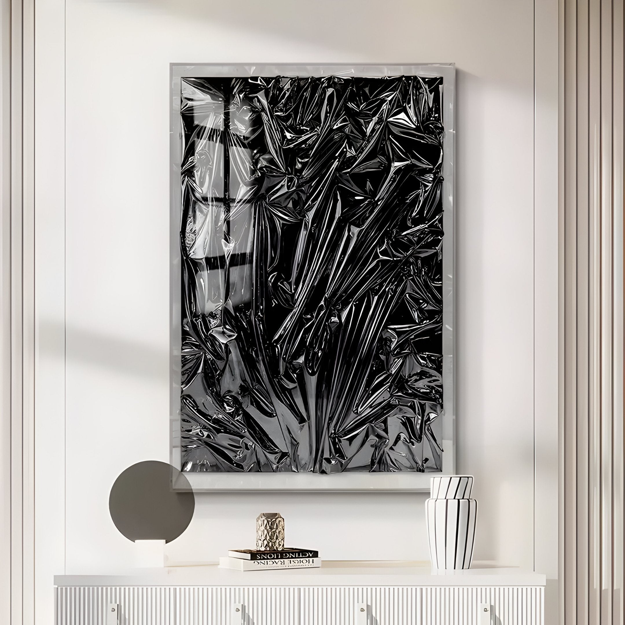 Metallique Deep Black Crinkle Texture Leather 3D Wall Art