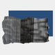 Strialux Flow Veil Blue Leather & Acrylic 3D Wall Art by Giant Sculptures features a wavy sheet with black and white stripes obscuring a blurred face, set before a blue leather-like rectangle for bold, modern decor on a light gray background.