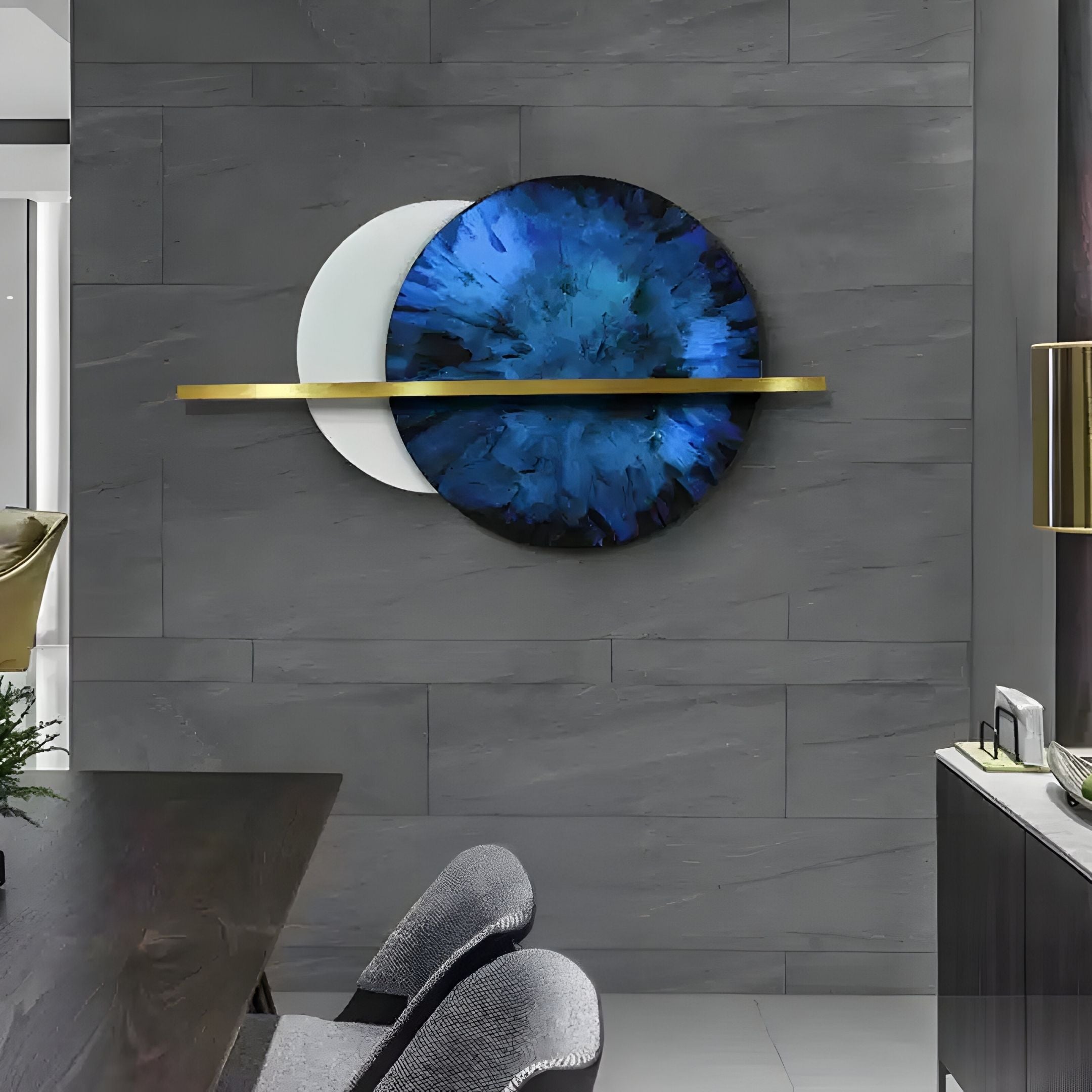 Caldris Cobalt Blue I Crystal Porcelain & Gold Strip 3D Wall Art